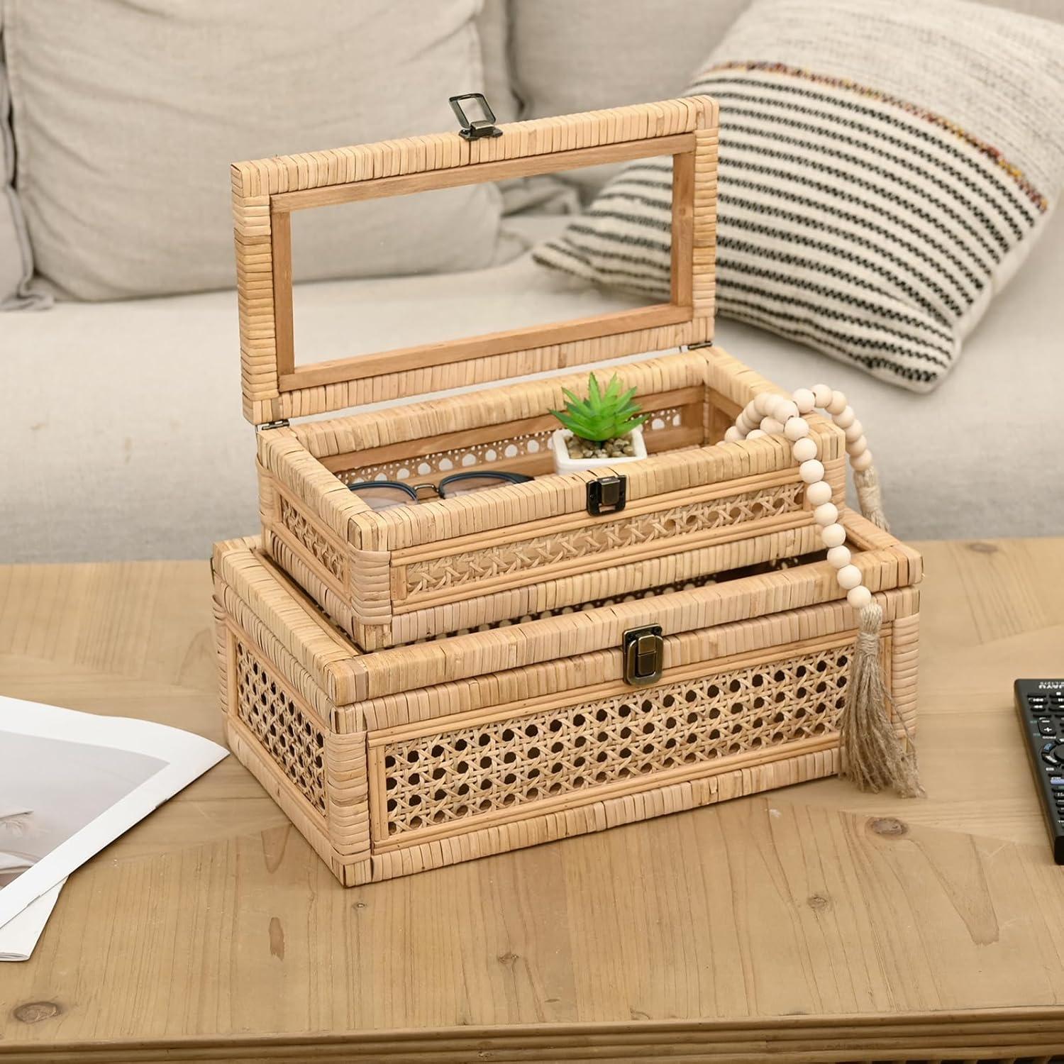 Set de 2 Cajas Apilables de Ratán y Caña con Tapa de Vidrio