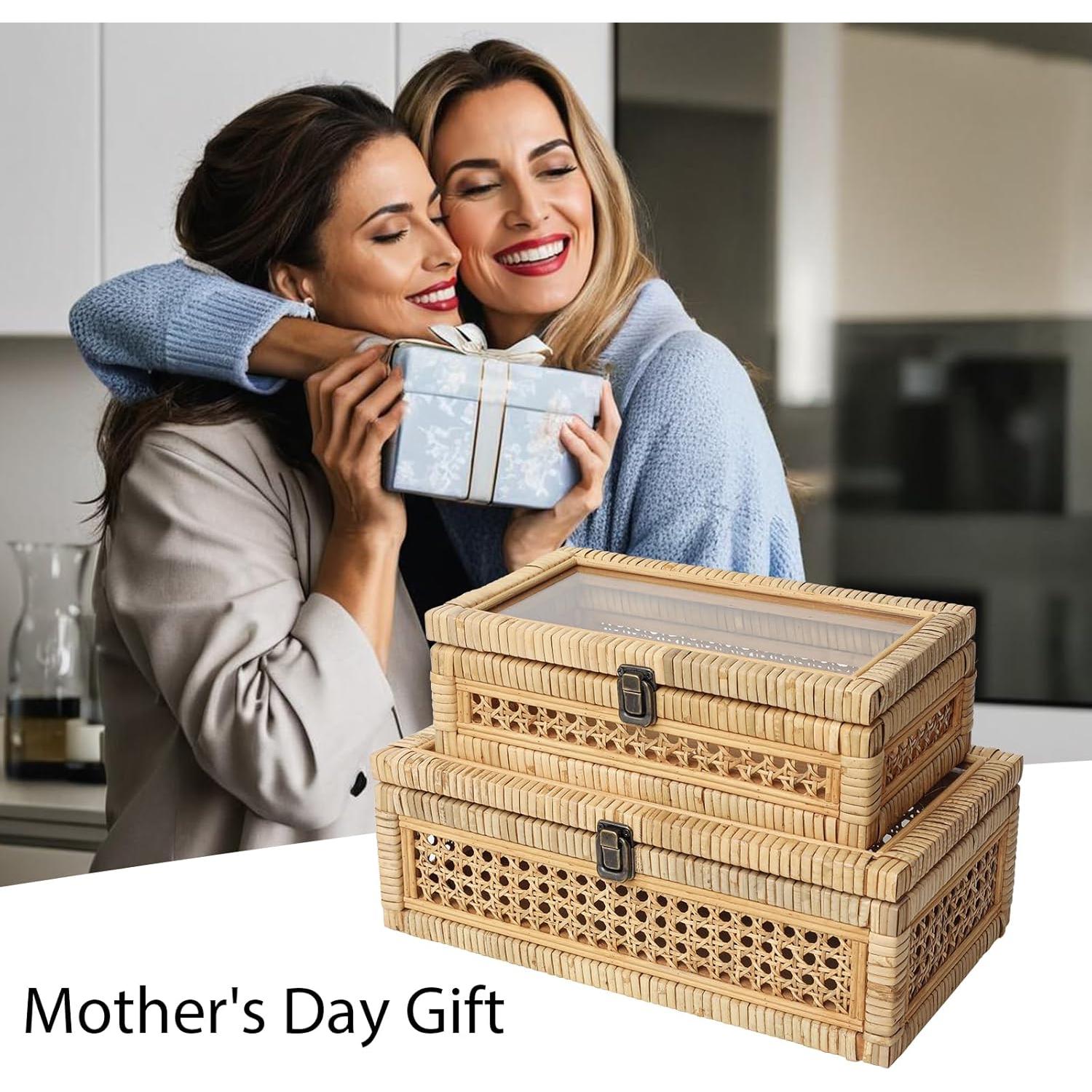 Set de 2 Cajas Apilables de Ratán y Caña con Tapa de Vidrio