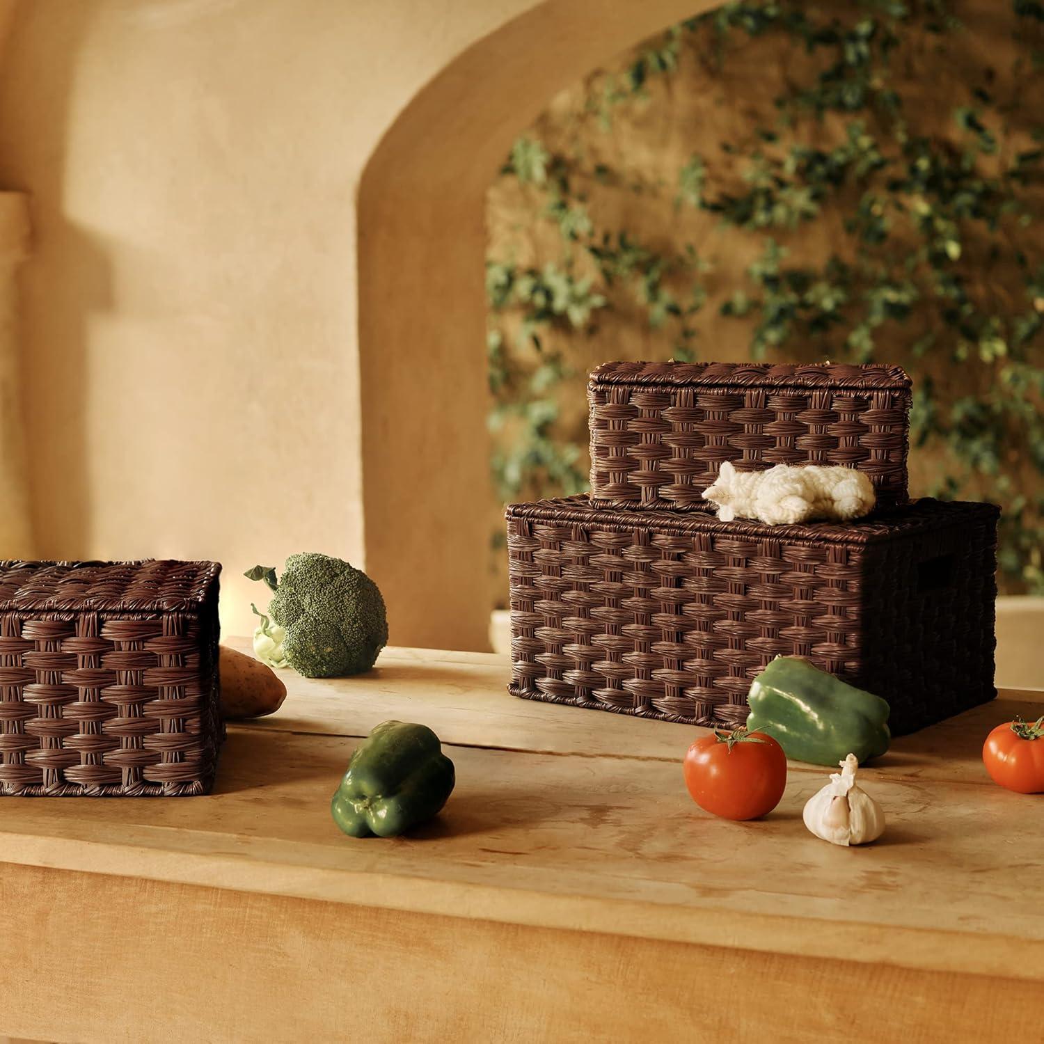 Cestas de Mimbre con Tapa GRANNY DICE - Juego de 3 - Marrón