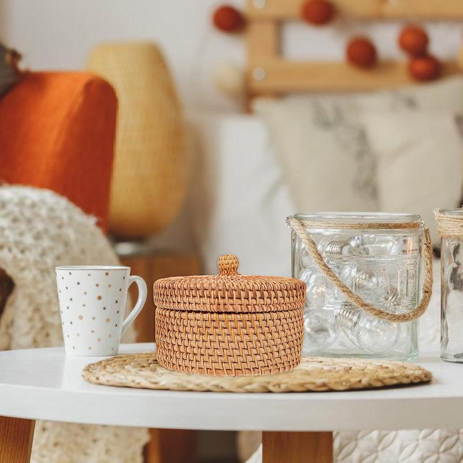 Caja de Almacenamiento Redonda ULTNICE de Ratán con Tapa 14.2cm