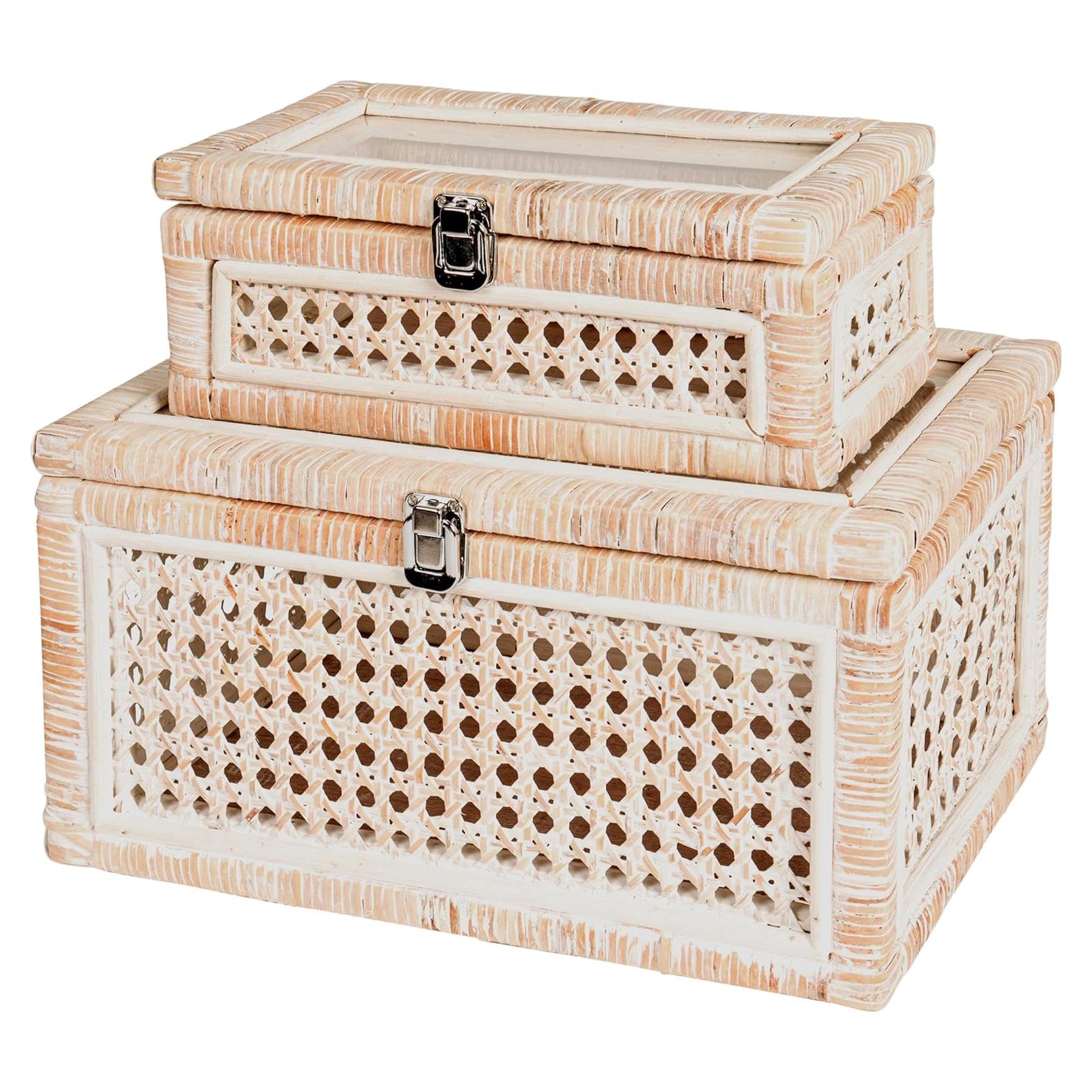 Juego de 2 Cajas Decorativas de Ratán AEDGS con Tapa de Vidrio