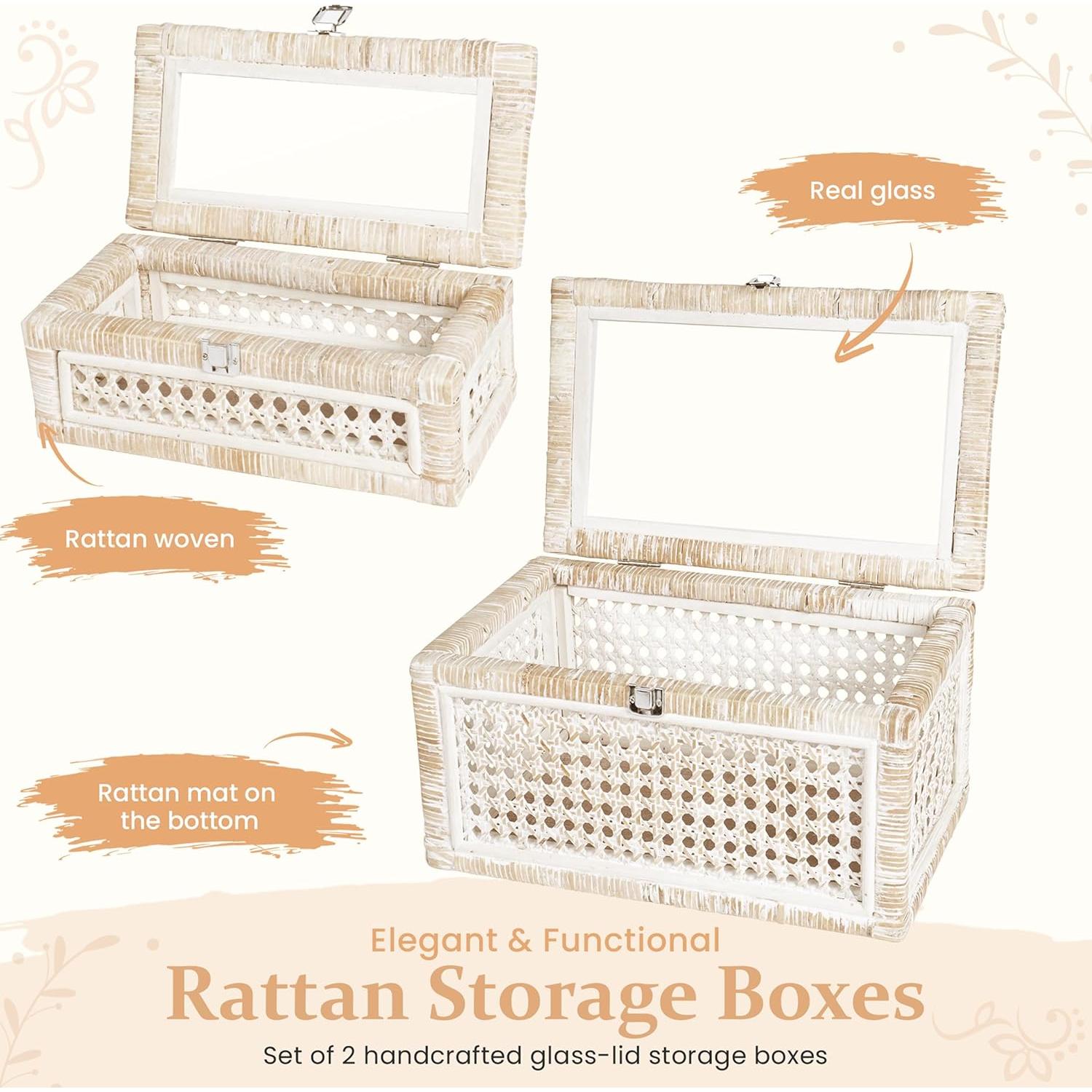 Juego de 2 Cajas Decorativas de Ratán AEDGS con Tapa de Vidrio