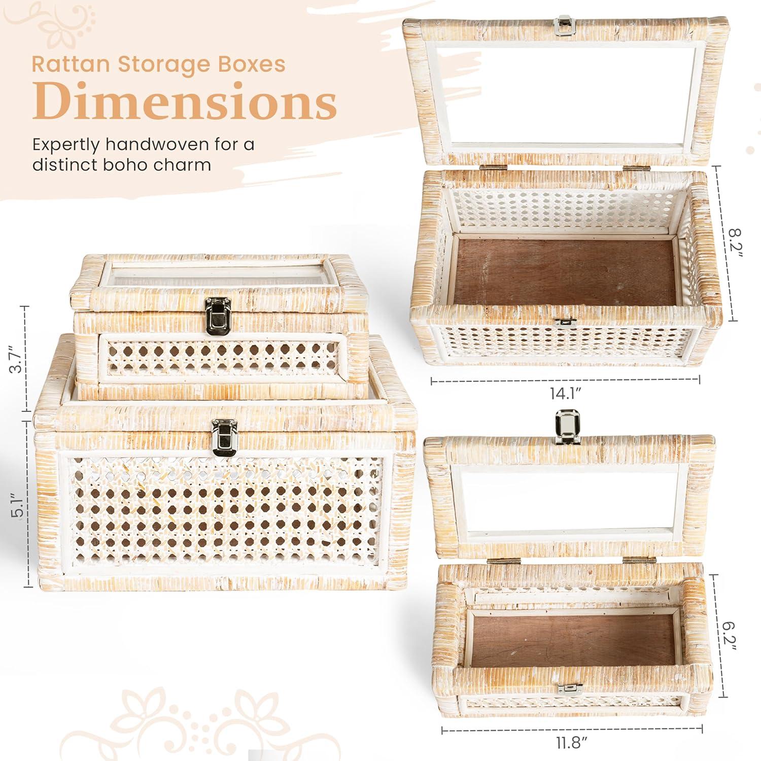 Juego de 2 Cajas Decorativas de Ratán AEDGS con Tapa de Vidrio