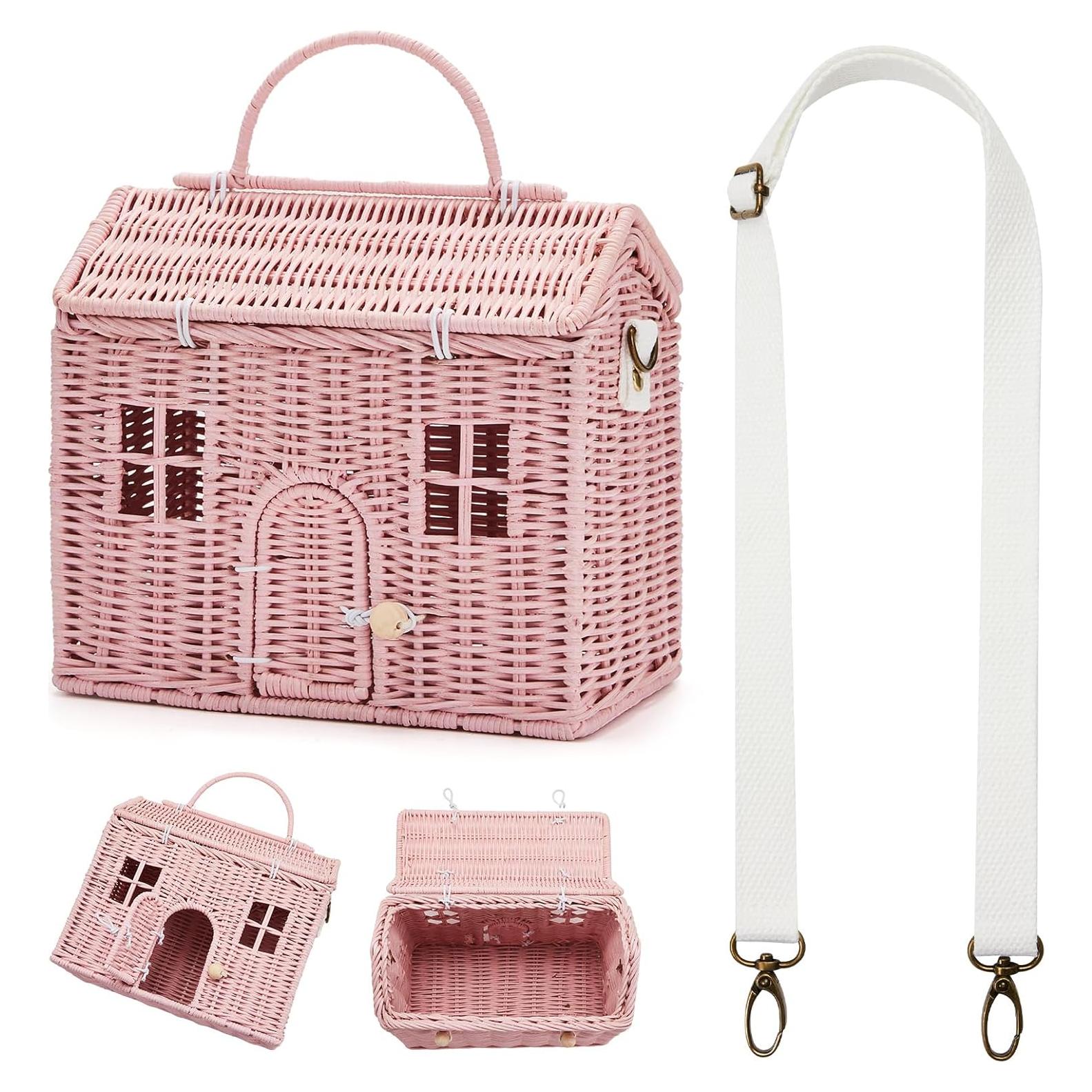 Bolso de Hombro de Ratan Wettarn Rosa para Muñecas 24x21x12cm