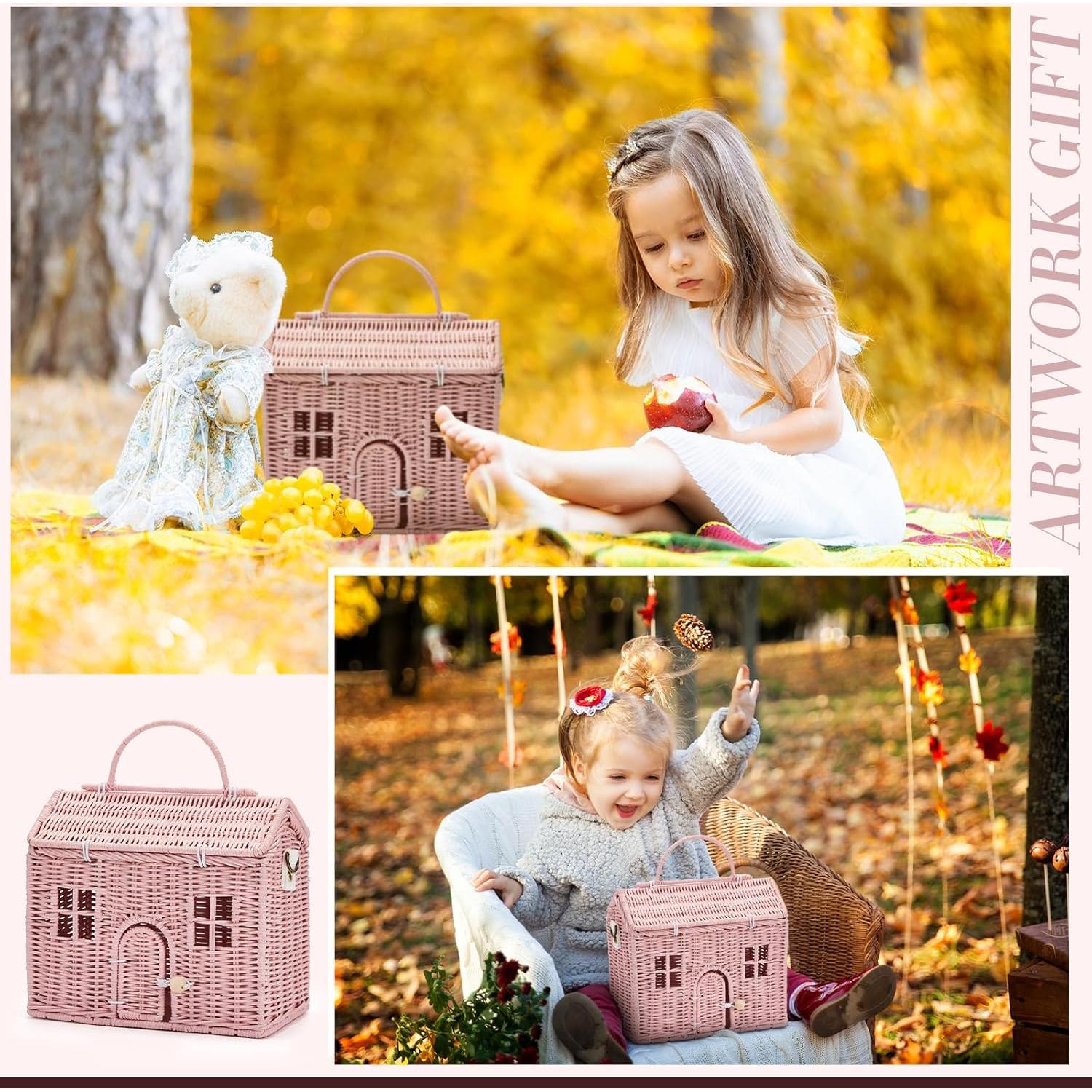 Bolso de Hombro de Ratan Wettarn Rosa para Muñecas 24x21x12cm