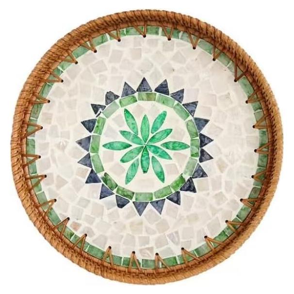 Bandeja Redonda de Ratán Mitoltpoci 30 cm con Madreperla