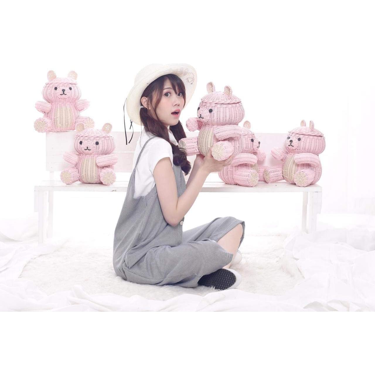 Cesta de Almacenamiento de Rattan G6 Collection Oso Rosa 28x29x19 cm