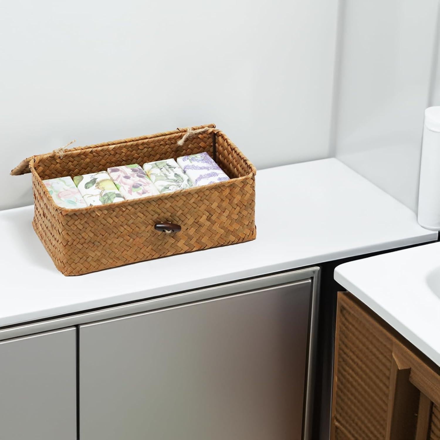 Cesta de Almacenamiento ORDELITE de Hierba Marina Natural con Tapa