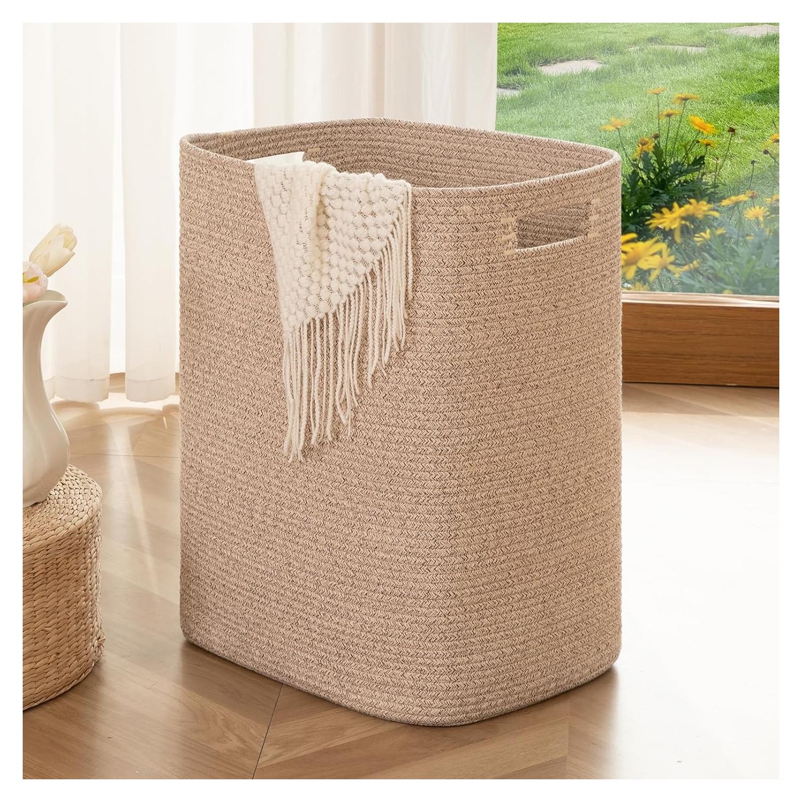 Cesta de Ropa Grande OIAHOMY Algodón 76L Marrón Rectangular