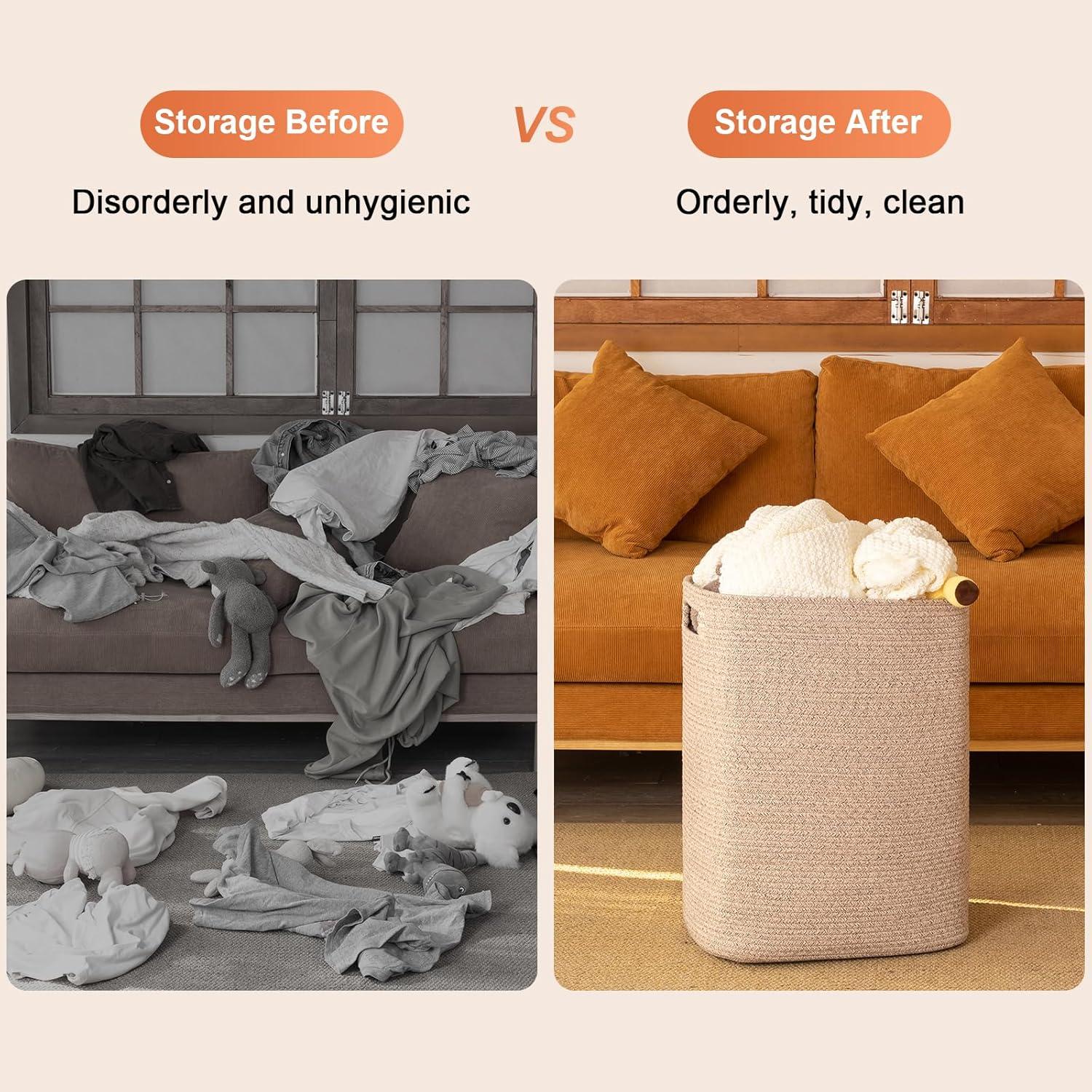 Cesta de Ropa Grande OIAHOMY Algodón 76L Marrón Rectangular