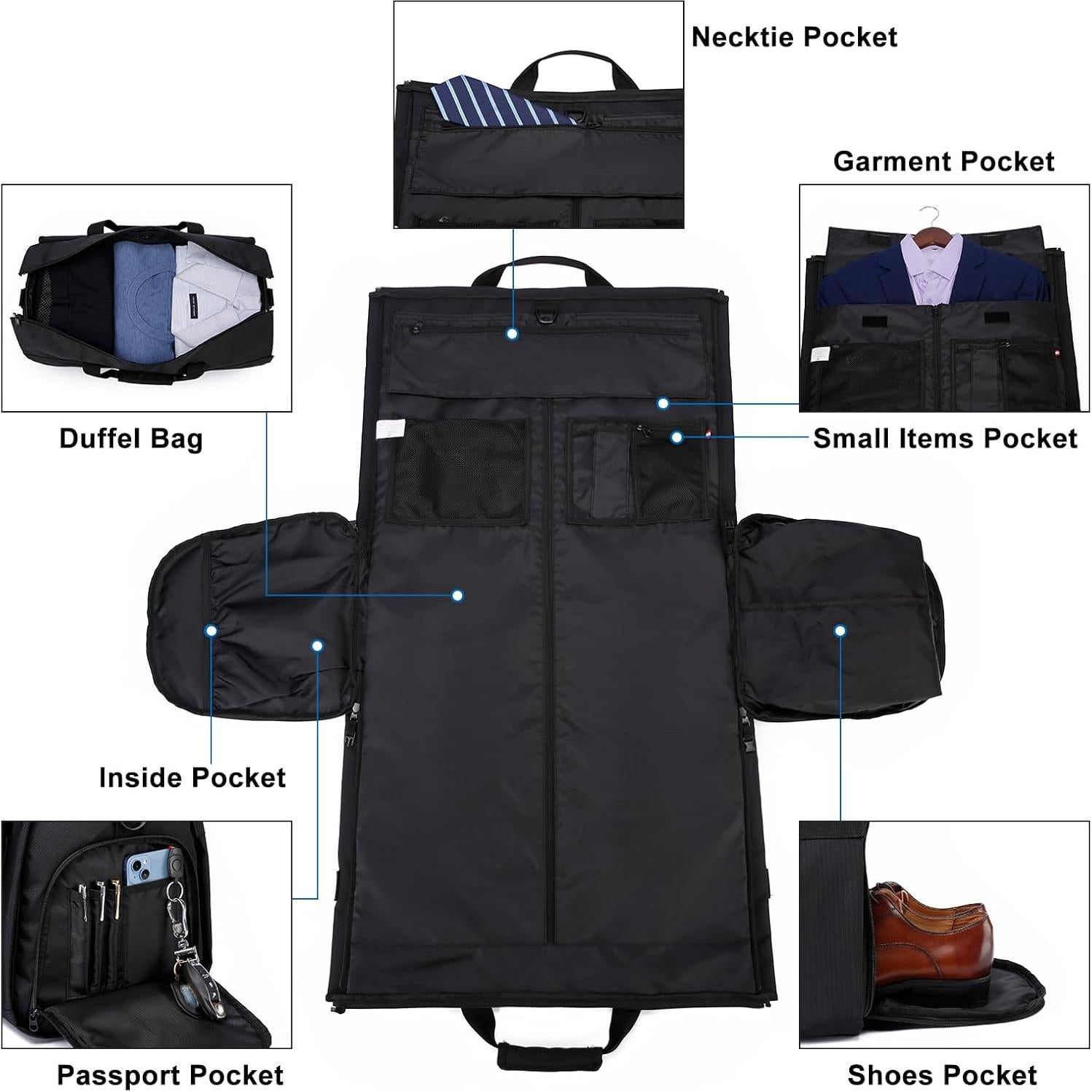 Bolsa de Ropa y Duffle 2 en 1 para Viaje 55x31x30cm Negro