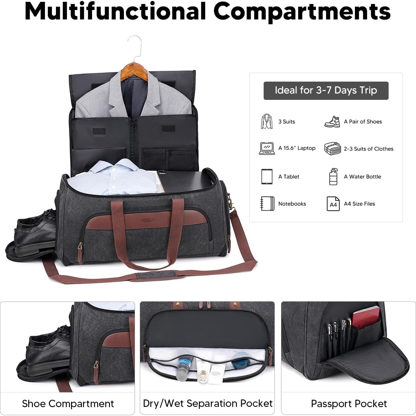 Convertible Garment Bag for Travel, Carry on Garment Duffle Bags for Travel, Canvas Garment Duffle Bag for Men Women with Shoe Compartment - 2 in 1 Hanging Suitcase Suit Travel Bags-Black