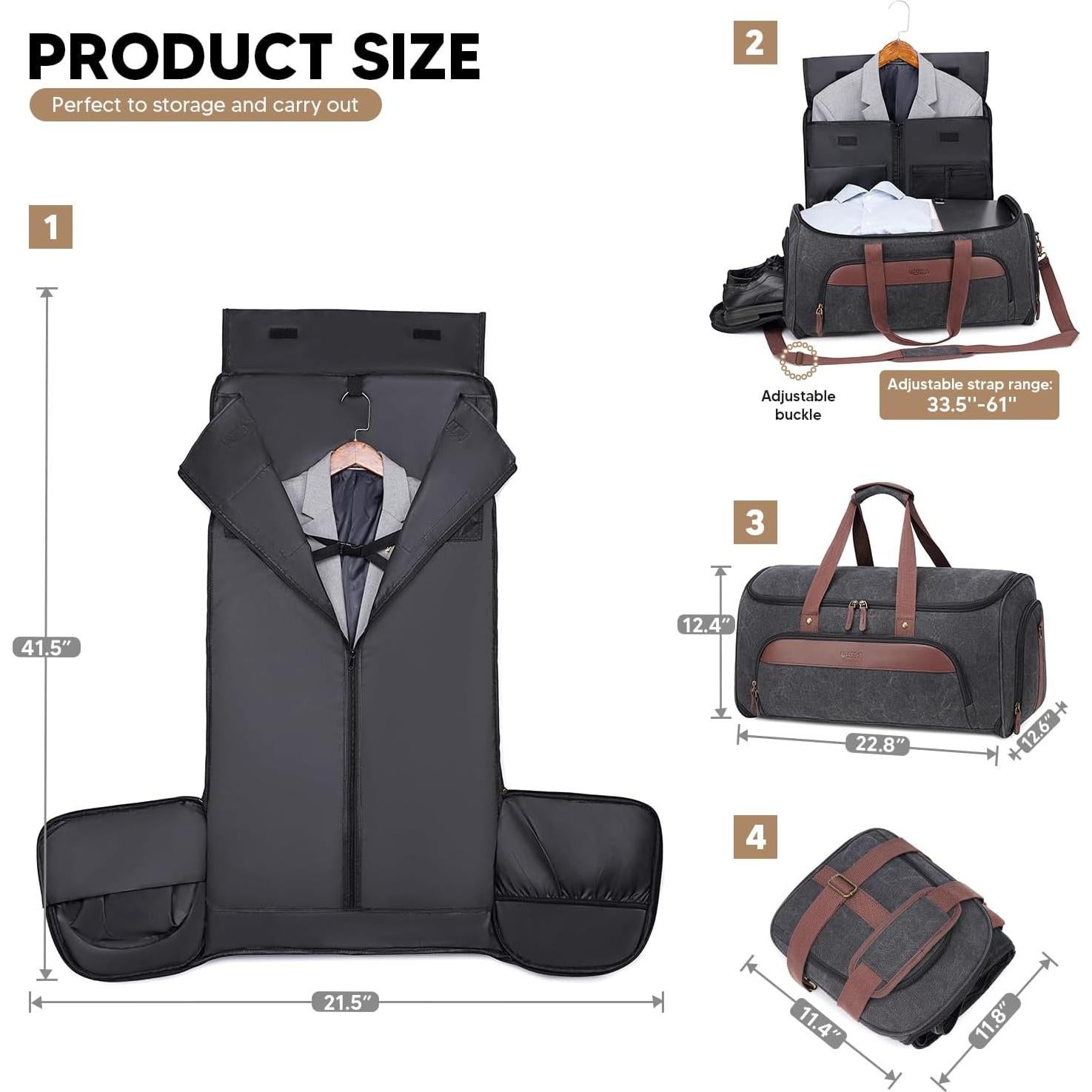 Convertible Garment Bag for Travel, Carry on Garment Duffle Bags for Travel, Canvas Garment Duffle Bag for Men Women with Shoe Compartment - 2 in 1 Hanging Suitcase Suit Travel Bags-Black