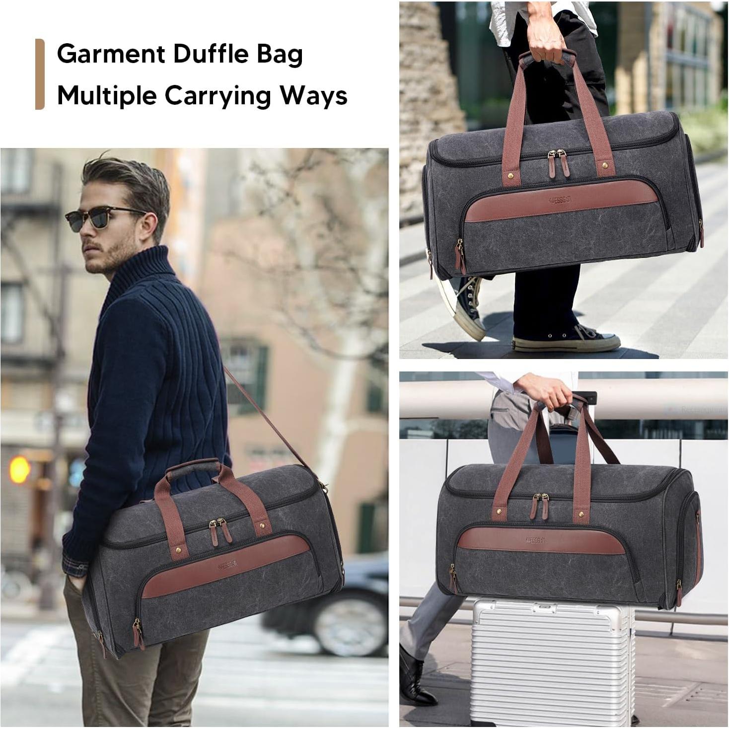 Convertible Garment Bag for Travel, Carry on Garment Duffle Bags for Travel, Canvas Garment Duffle Bag for Men Women with Shoe Compartment - 2 in 1 Hanging Suitcase Suit Travel Bags-Black
