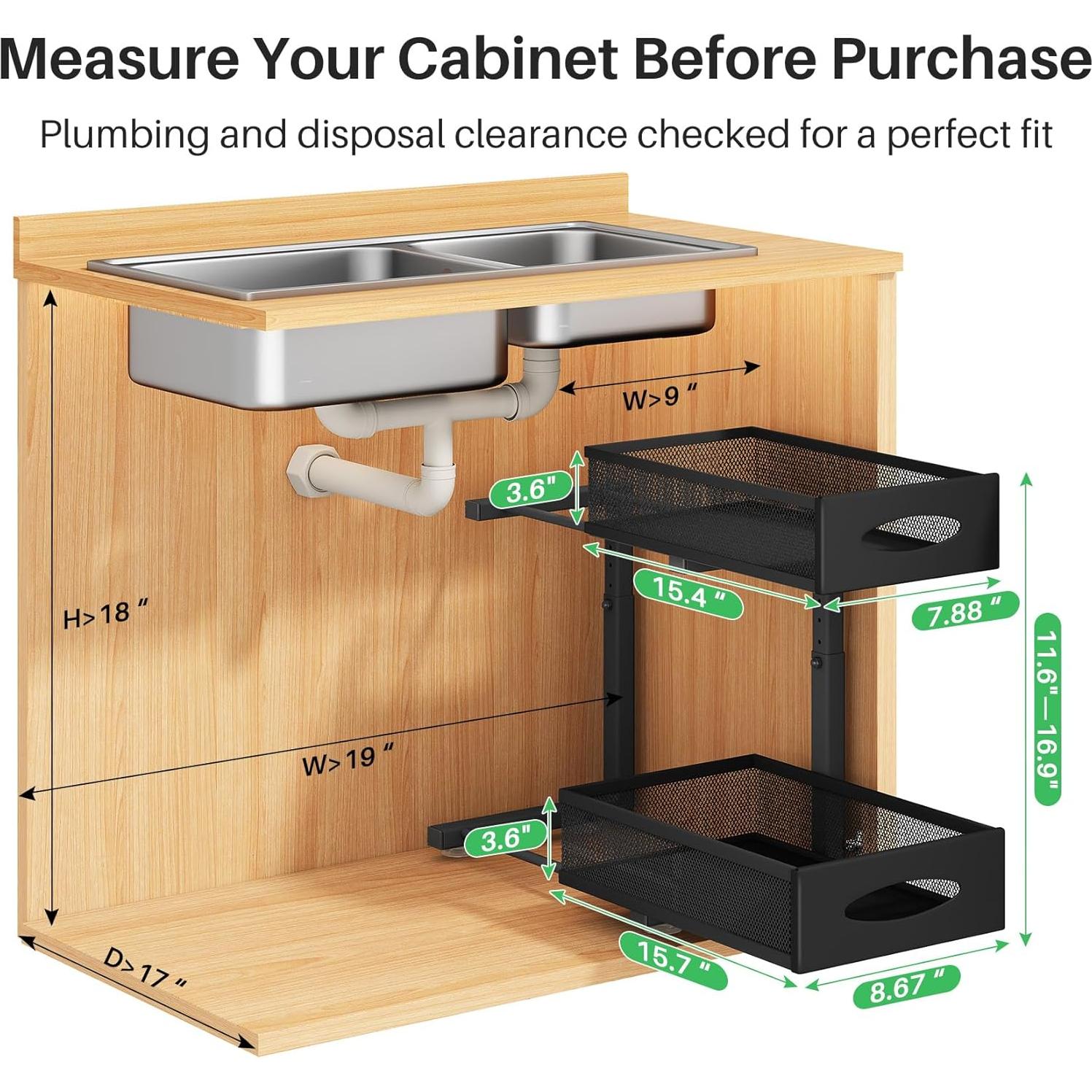 Under Sink Organizer, 2 Tier Pull out Cabinet Organizer Baskets with Mesh Sliding Drawers, Slide out Storage Shelf for Home, Kitchen, Bathroom, Pantry, Office Cabinet, Countertop(1 Pack)