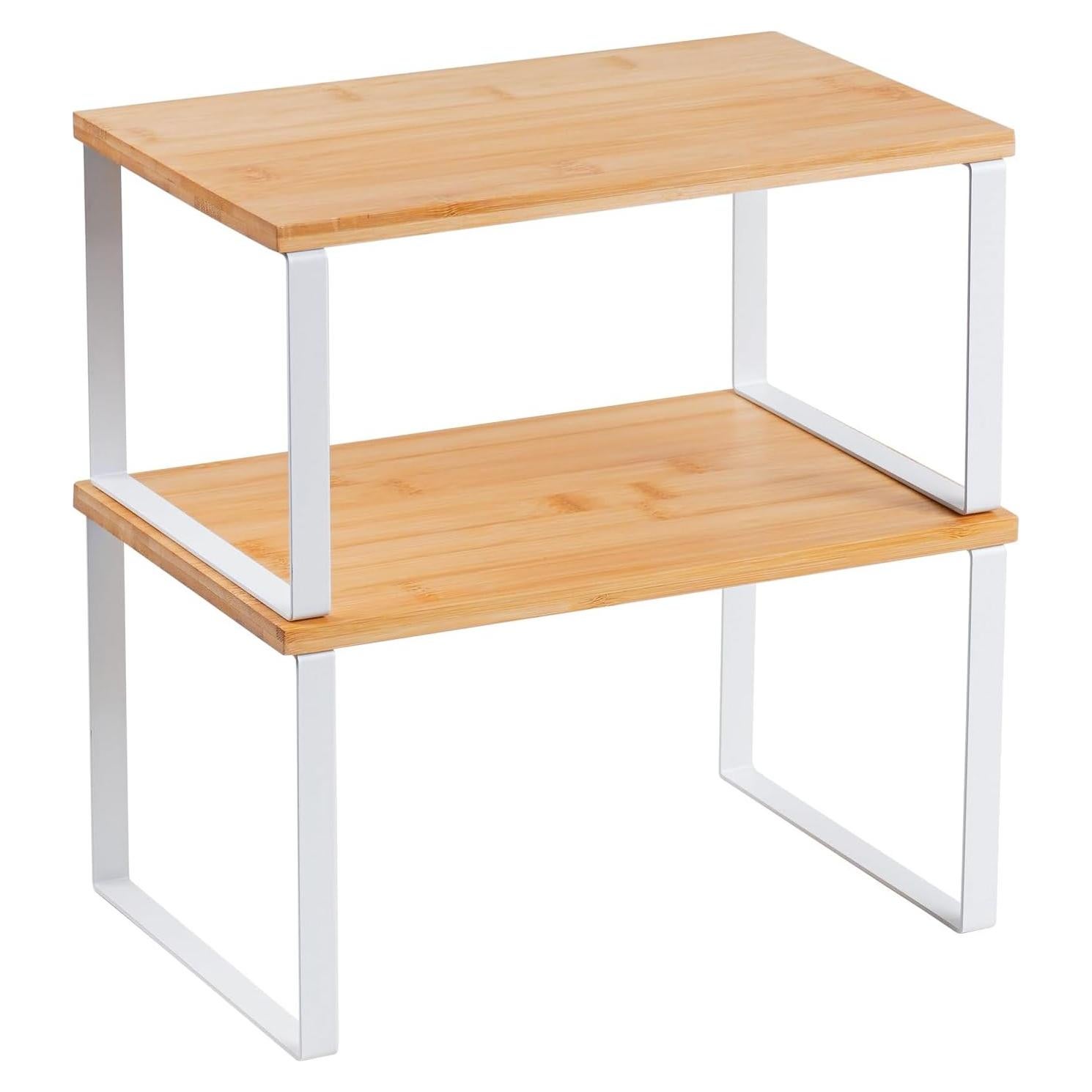 Kitchen Cabinet Organizer Shelf, Set of 2 Stackable Counter Shelves, Small Wood Cabinet Riser Shelf for Pantry Cupboard Spice Dish Mug Cup, Expandable, Metal Engineered Wood (Beige & White, 11.7''W)