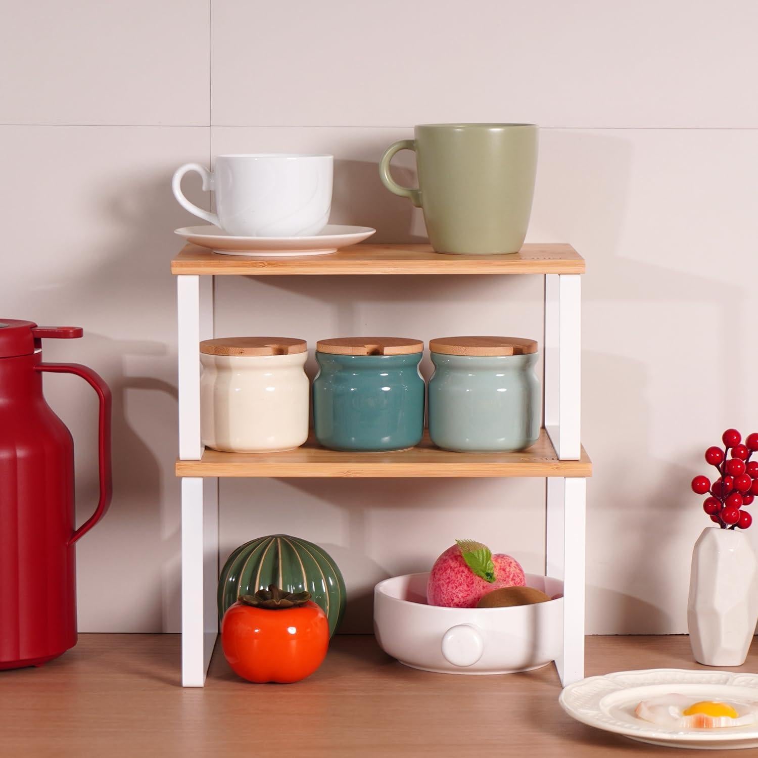 Kitchen Cabinet Organizer Shelf, Set of 2 Stackable Counter Shelves, Small Wood Cabinet Riser Shelf for Pantry Cupboard Spice Dish Mug Cup, Expandable, Metal Engineered Wood (Beige & White, 11.7''W)