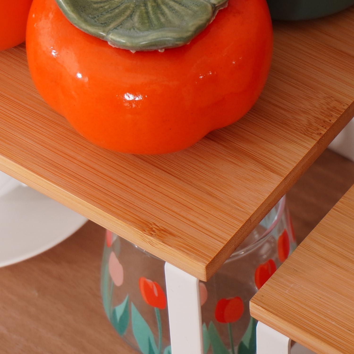 Kitchen Cabinet Organizer Shelf, Set of 2 Stackable Counter Shelves, Small Wood Cabinet Riser Shelf for Pantry Cupboard Spice Dish Mug Cup, Expandable, Metal Engineered Wood (Beige & White, 11.7''W)