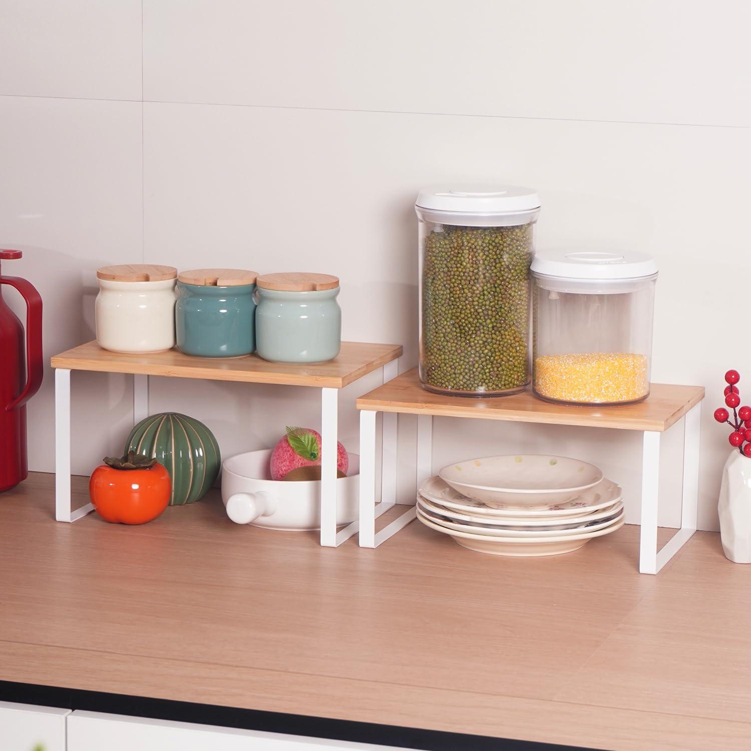 Kitchen Cabinet Organizer Shelf, Set of 2 Stackable Counter Shelves, Small Wood Cabinet Riser Shelf for Pantry Cupboard Spice Dish Mug Cup, Expandable, Metal Engineered Wood (Beige & White, 11.7''W)