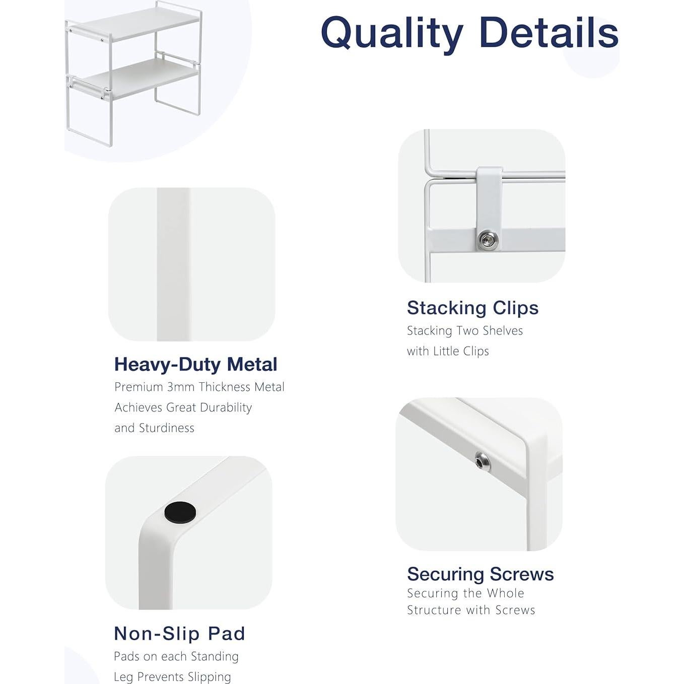 Nxconsu 2Pack Cabinet Shelves Stackable Shelf Organizer Rack Riser for Kitchen Cabinet Pantry Cupboard Counter Countertop Home Organization Storage Space Saver Heavy Duty Metal Nonslip White