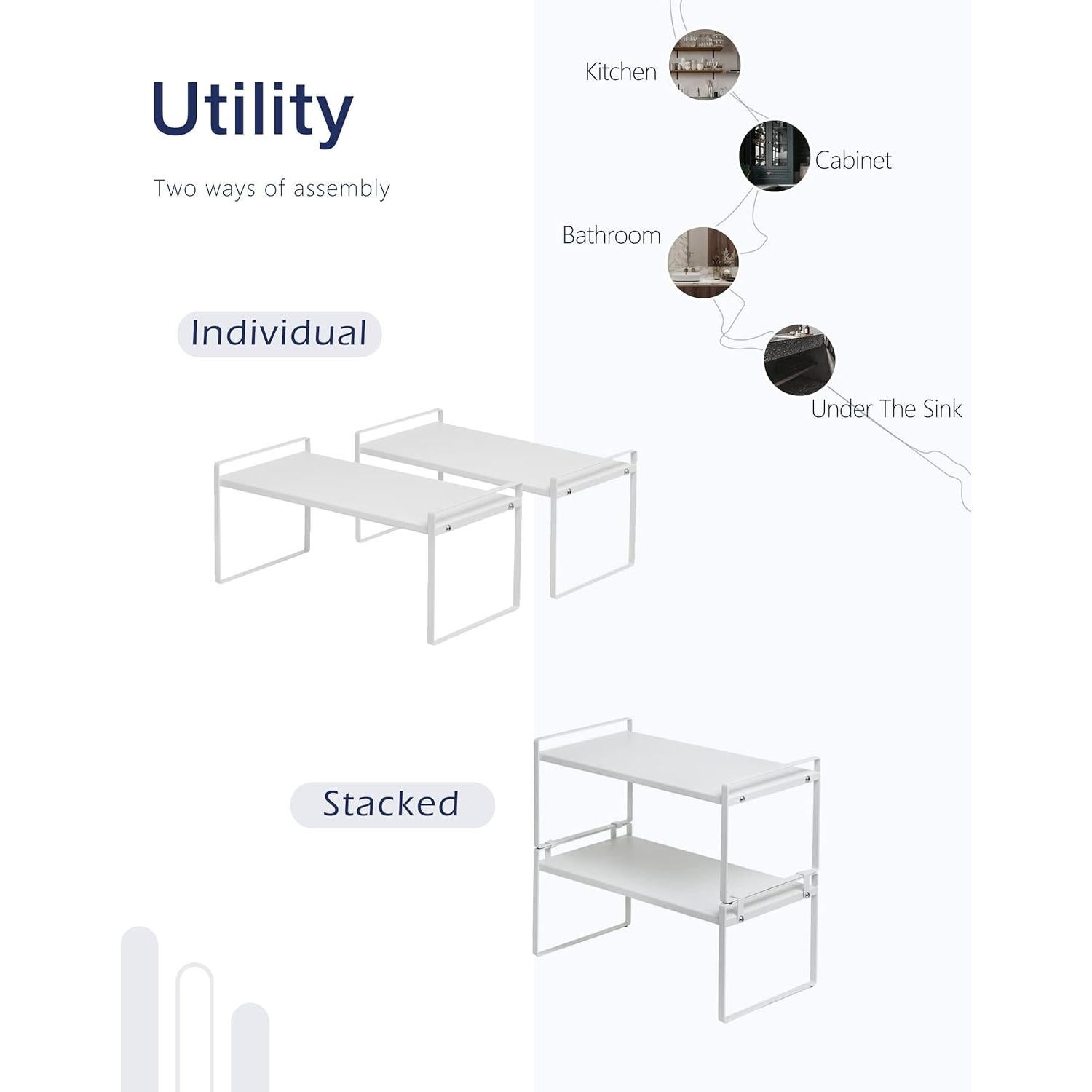 Nxconsu 2Pack Cabinet Shelves Stackable Shelf Organizer Rack Riser for Kitchen Cabinet Pantry Cupboard Counter Countertop Home Organization Storage Space Saver Heavy Duty Metal Nonslip White