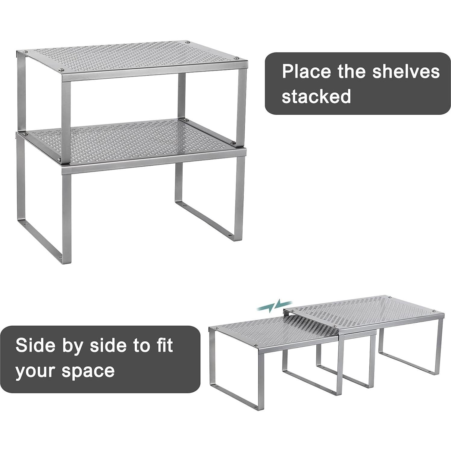 Organizador de Estante de Cocina NEX, Juego de 2 Apilables, Metal Plateado