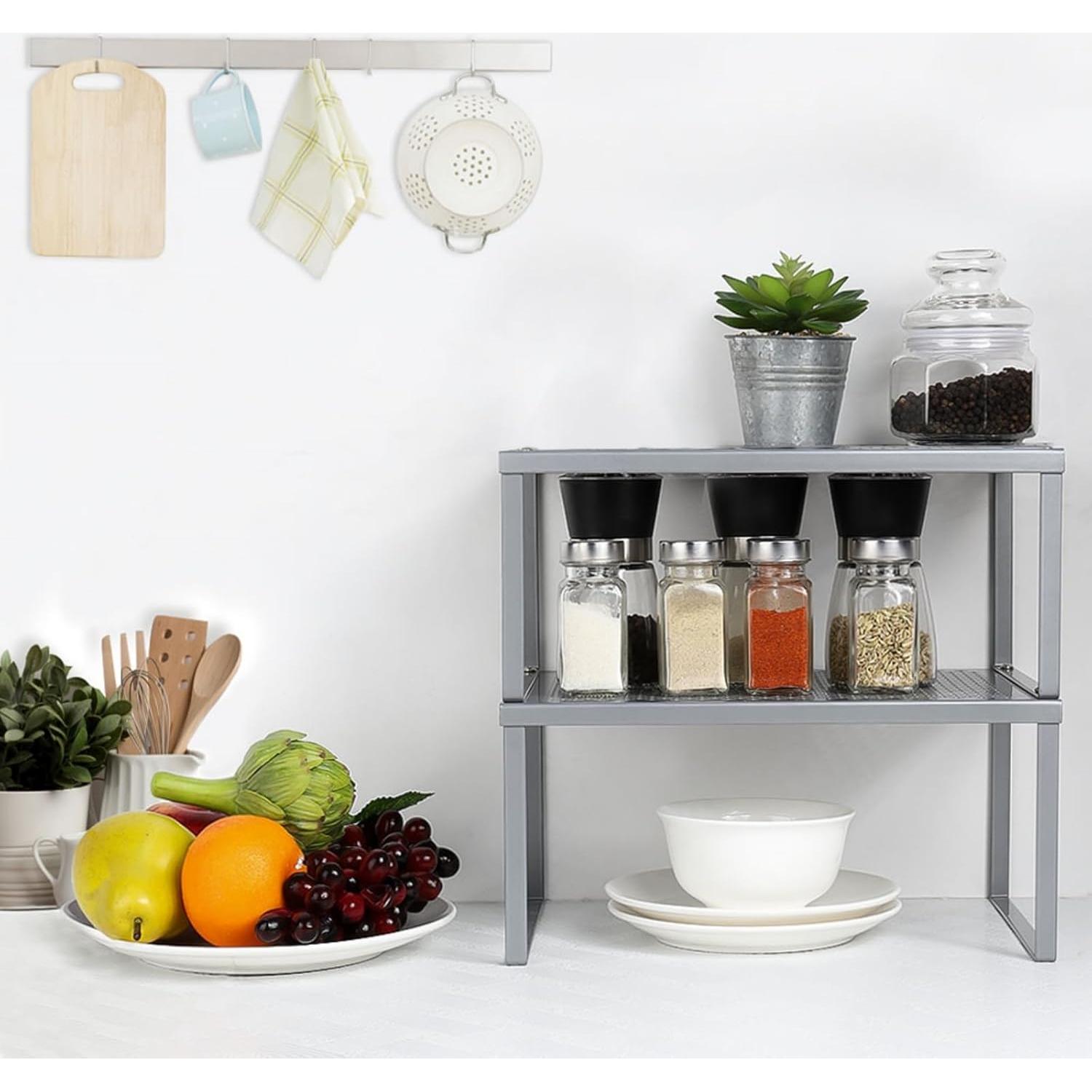 Organizador de Estante de Cocina NEX, Juego de 2 Apilables, Metal Plateado