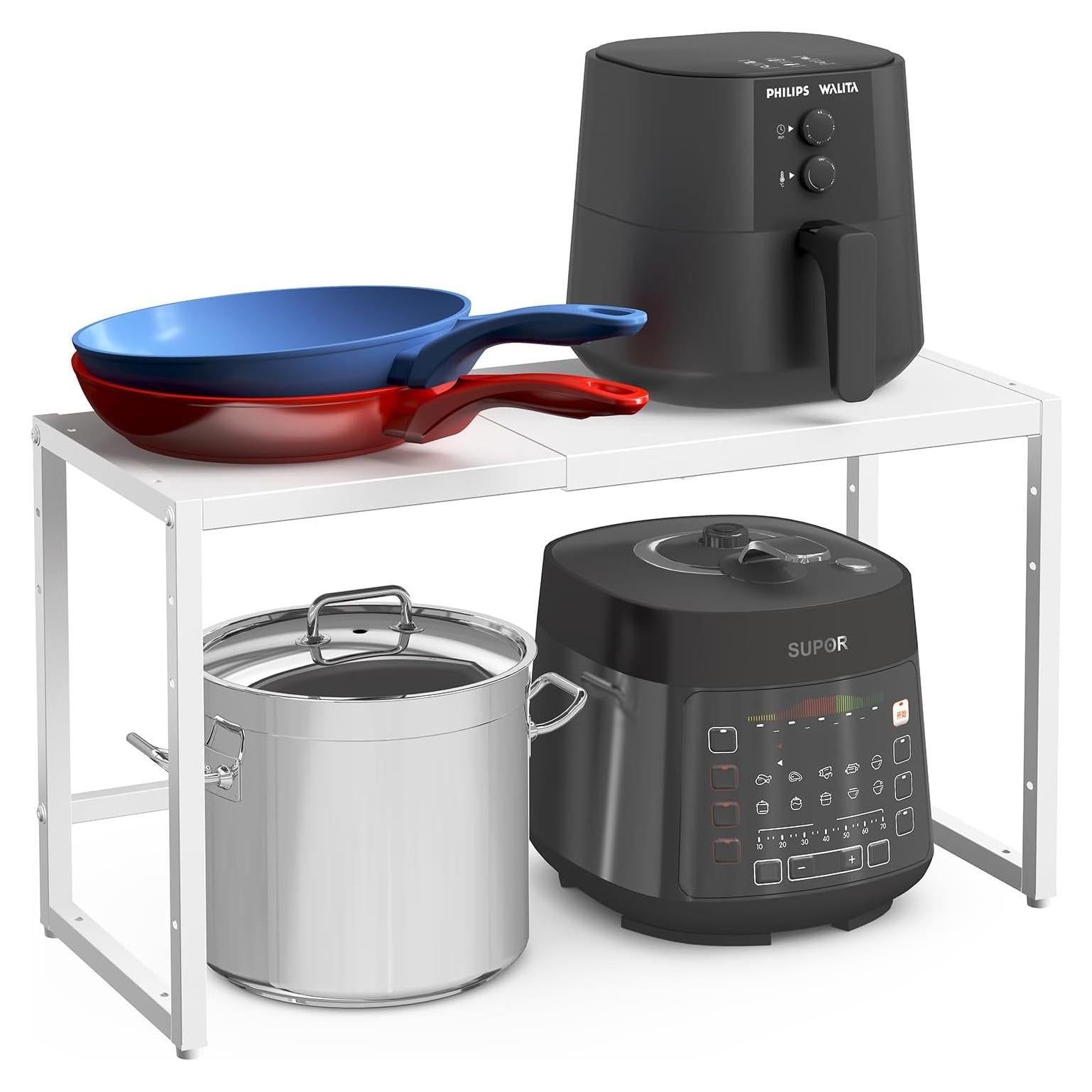 Expandable Kitchen Storage Shelves,110LBS Heavy Duty Metal Shelving Units and Storage For Small Appliance, Adjustable Stackble Storage Shelf Organizer For Kitchen Cabinet Pantry Warehouse Garage,White