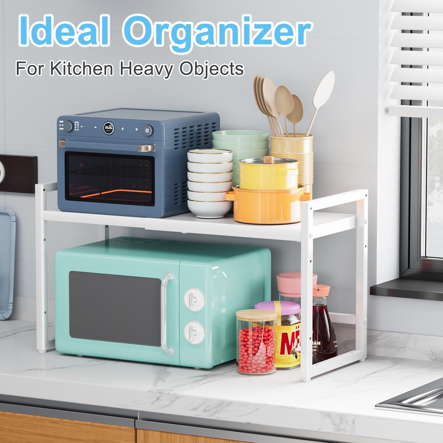 Expandable Kitchen Storage Shelves,110LBS Heavy Duty Metal Shelving Units and Storage For Small Appliance, Adjustable Stackble Storage Shelf Organizer For Kitchen Cabinet Pantry Warehouse Garage,White