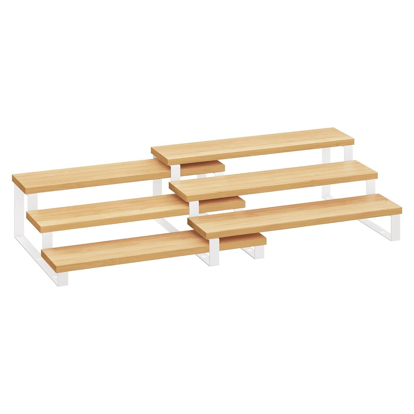 SONGMICS Display Risers, Set of 2 Engineered Wood Perfume Organizer Stand, 3-Tier Cupcake Stand Holder, Spice Rack, Shelf Risers for Figures, Dessert Shelves, Natural Beige and Cloud White UKCS016N02