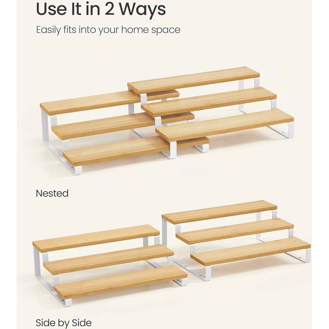SONGMICS Display Risers, Set of 2 Engineered Wood Perfume Organizer Stand, 3-Tier Cupcake Stand Holder, Spice Rack, Shelf Risers for Figures, Dessert Shelves, Natural Beige and Cloud White UKCS016N02