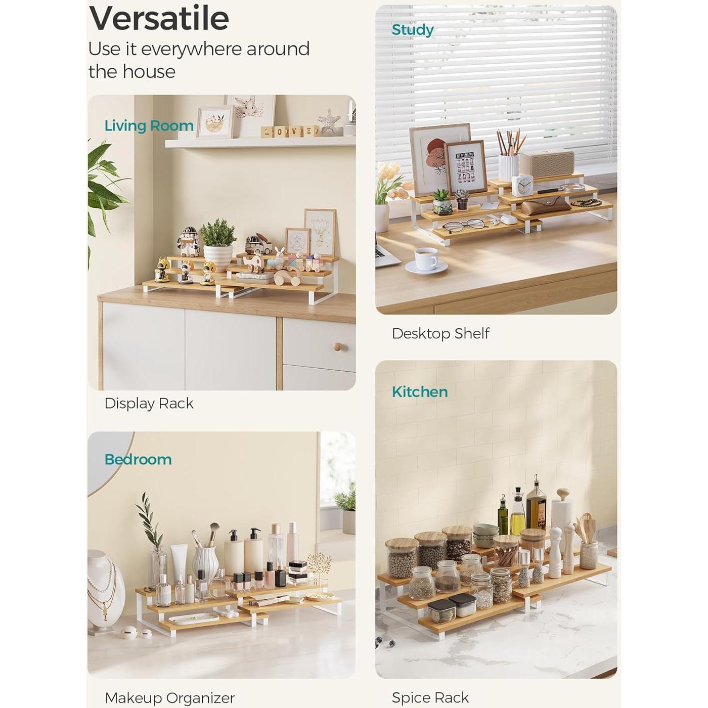 SONGMICS Display Risers, Set of 2 Engineered Wood Perfume Organizer Stand, 3-Tier Cupcake Stand Holder, Spice Rack, Shelf Risers for Figures, Dessert Shelves, Natural Beige and Cloud White UKCS016N02