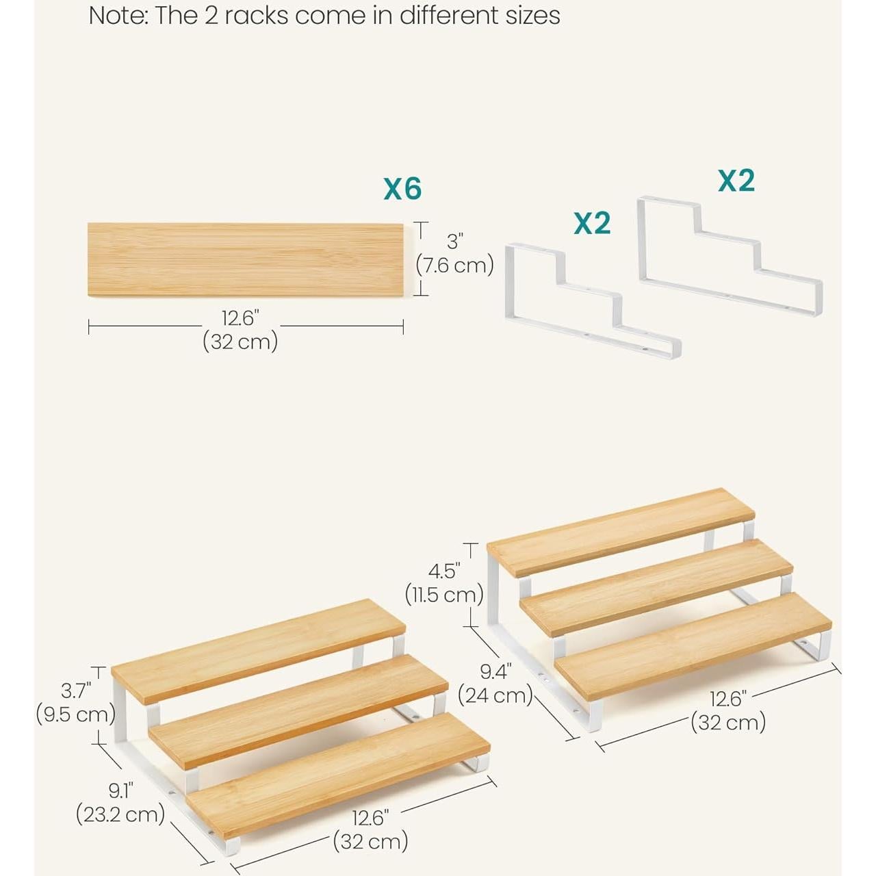 SONGMICS Display Risers, Set of 2 Engineered Wood Perfume Organizer Stand, 3-Tier Cupcake Stand Holder, Spice Rack, Shelf Risers for Figures, Dessert Shelves, Natural Beige and Cloud White UKCS016N02