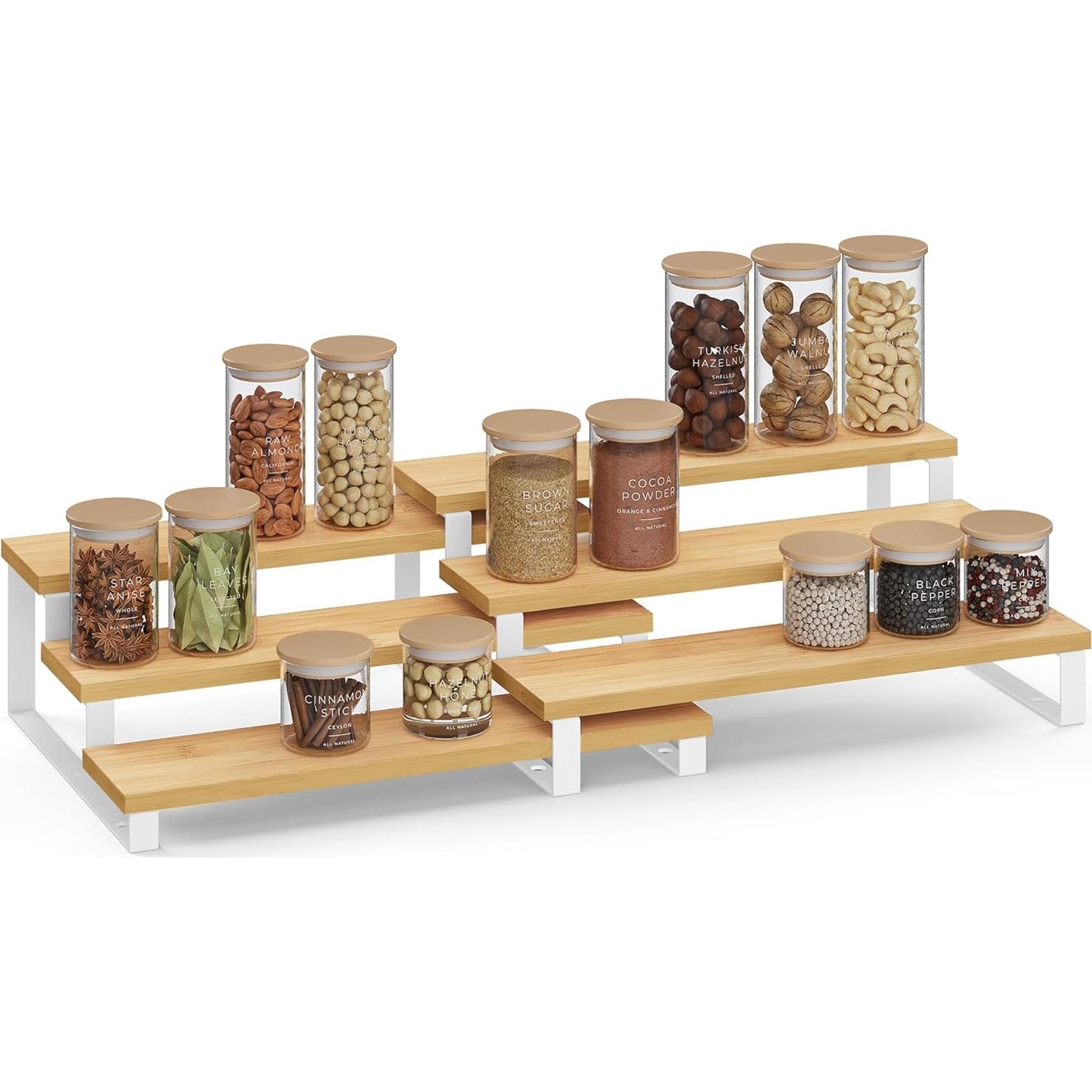 SONGMICS Display Risers, Set of 2 Engineered Wood Perfume Organizer Stand, 3-Tier Cupcake Stand Holder, Spice Rack, Shelf Risers for Figures, Dessert Shelves, Natural Beige and Cloud White UKCS016N02