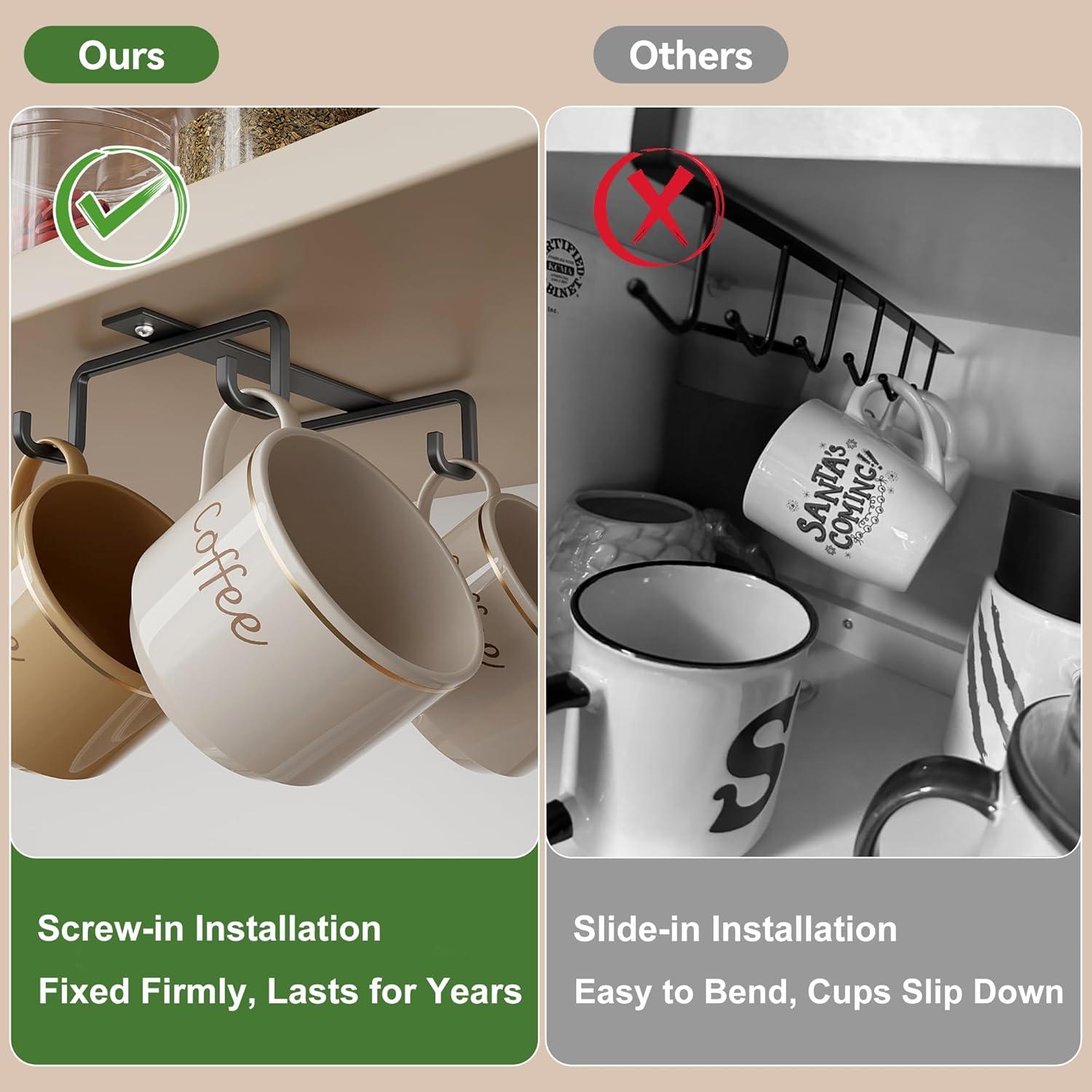 Ganchos para Tazas ECROCY Bajo Gabinete Metal Negro 12 Piezas