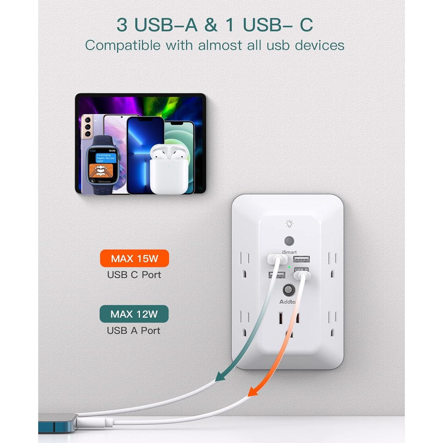 Extensor de Enchufe Addtam 5 Salidas 4 USB con Luz Nocturna