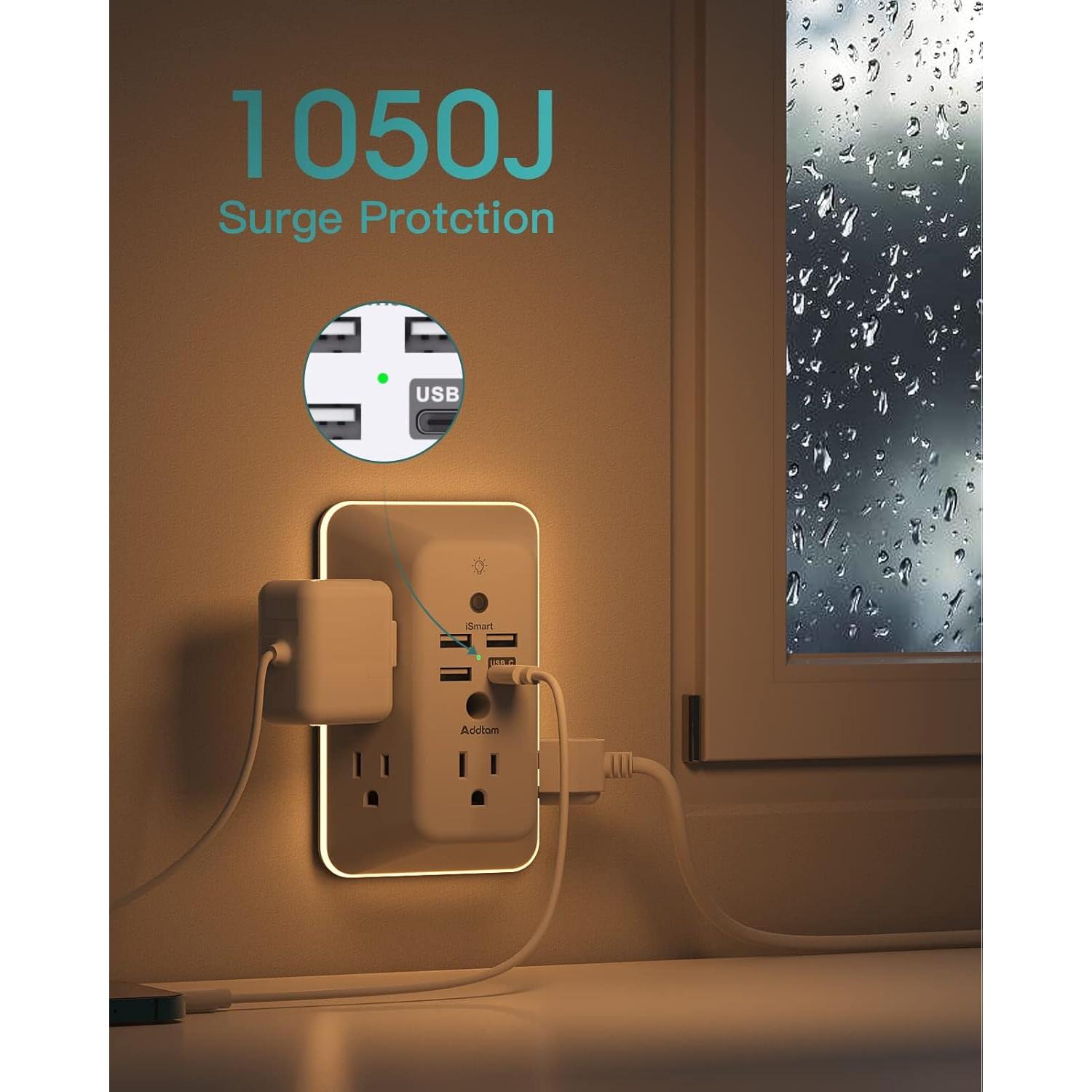 Extensor de Enchufe Addtam 5 Salidas 4 USB con Luz Nocturna
