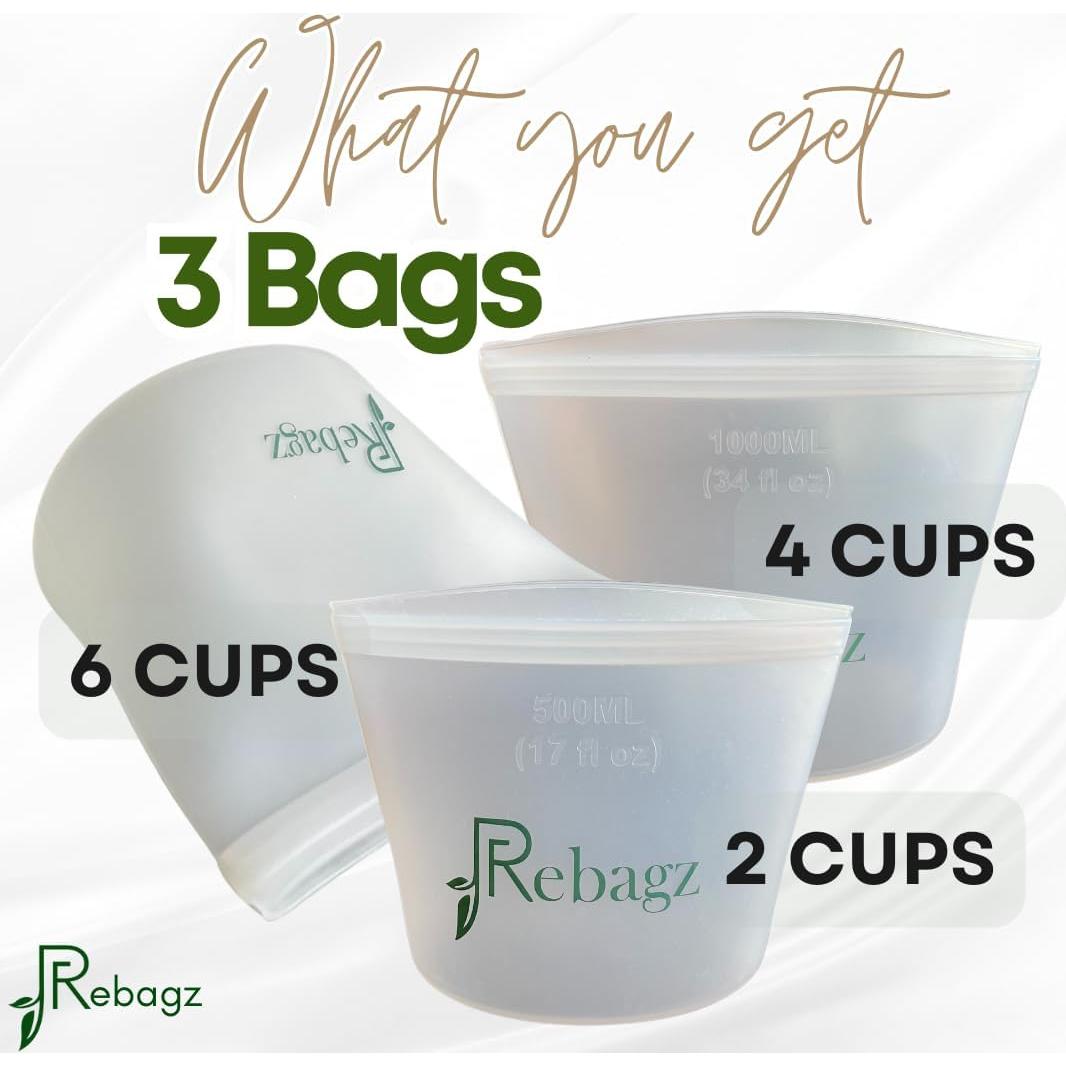 Bolsas de Almacenamiento de Silicona Rebagz - 3 Unidades, 2 a 6 Tazas