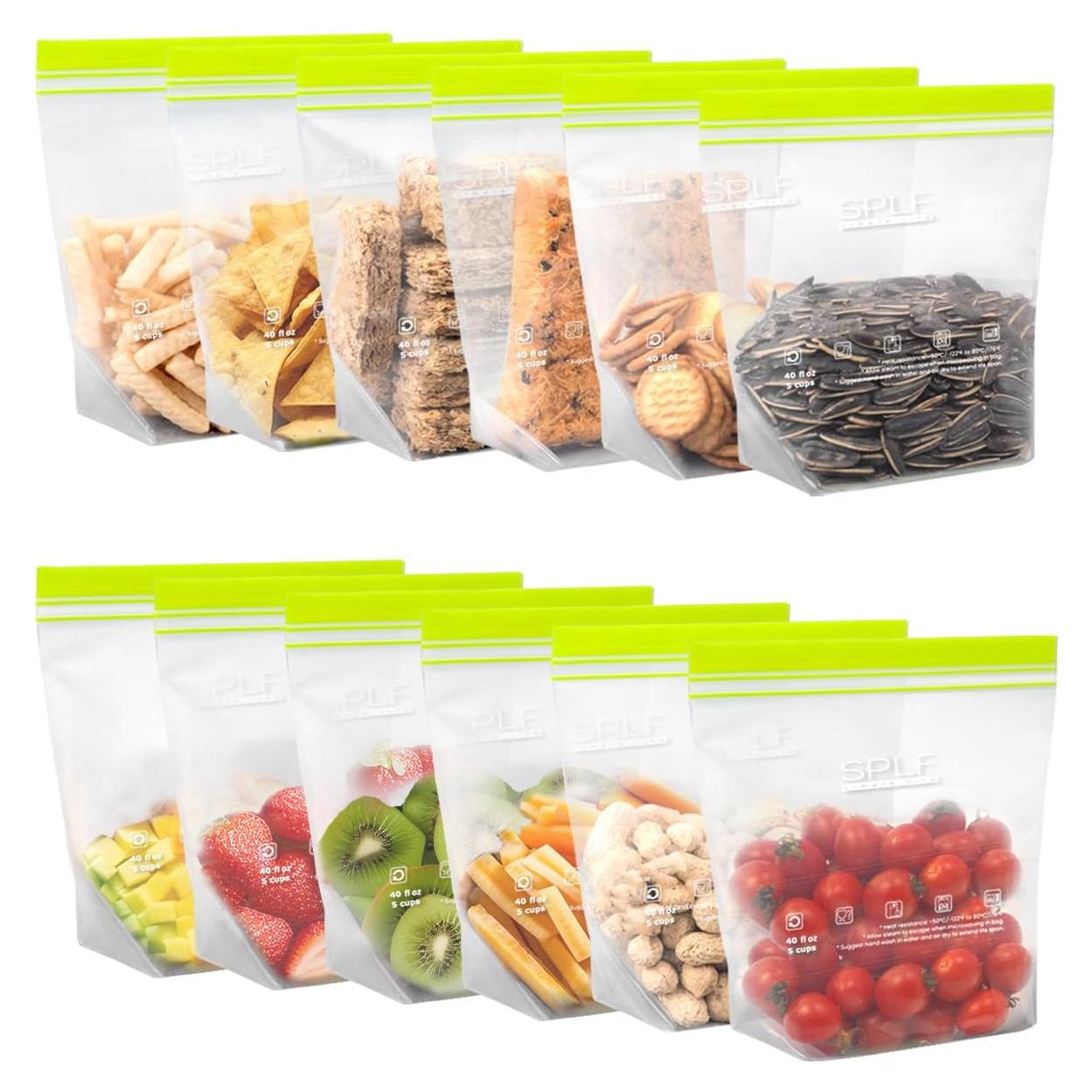SPLF 12 Pack Reusable Sandwich Bags Dishwasher Microwave Safe, BPA Free Extra Thick Leakproof Reusable Food Storage Bags, Silicone Free Containers for Meal Prep, Fridge Kitchen Organization