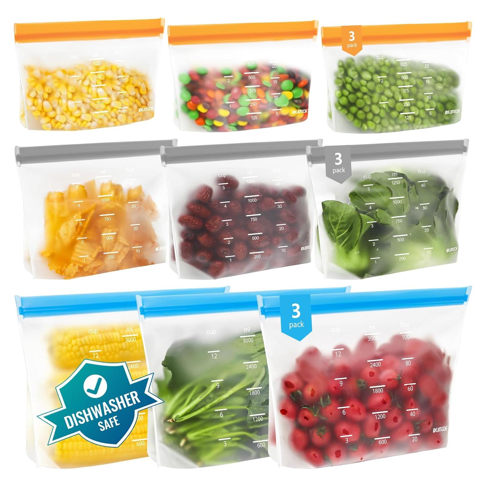 Dishwasher Safe Reusable Storage Bags Stand Up - BPA Free Reusable Sandwich Bags - Leakproof Gallon Freezer Bags, Silicone Food Storage Bags - Multicolor 3 Gallon + 3 Sandwich + 3 Snack Bags