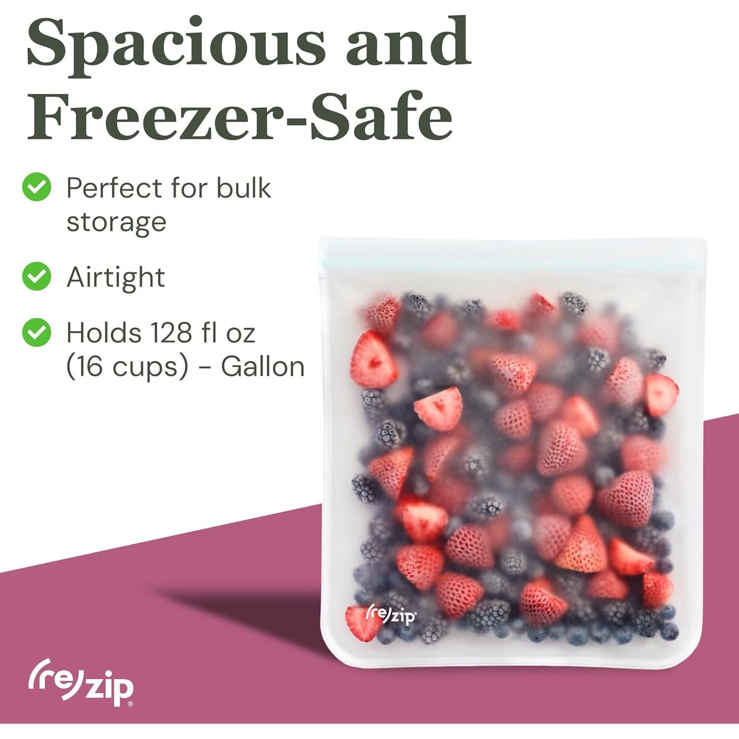 (re) zip Gallon Reusable Storage Bags, BPA-Free, Leakproof, Food-Grade 100% Food-Safe PEVA, for Food Storage and Freezer Use, Holds 16 cups | 128 fl oz, 4-Pack (Clear)