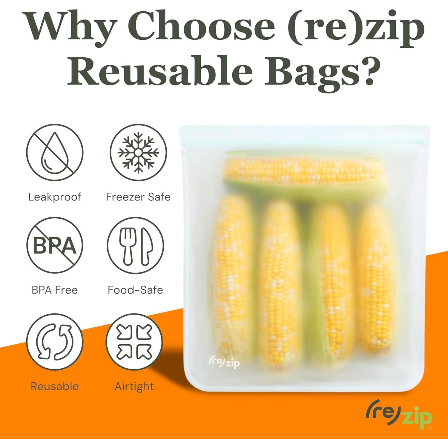 (re) zip Gallon Reusable Storage Bags, BPA-Free, Leakproof, Food-Grade 100% Food-Safe PEVA, for Food Storage and Freezer Use, Holds 16 cups | 128 fl oz, 4-Pack (Clear)