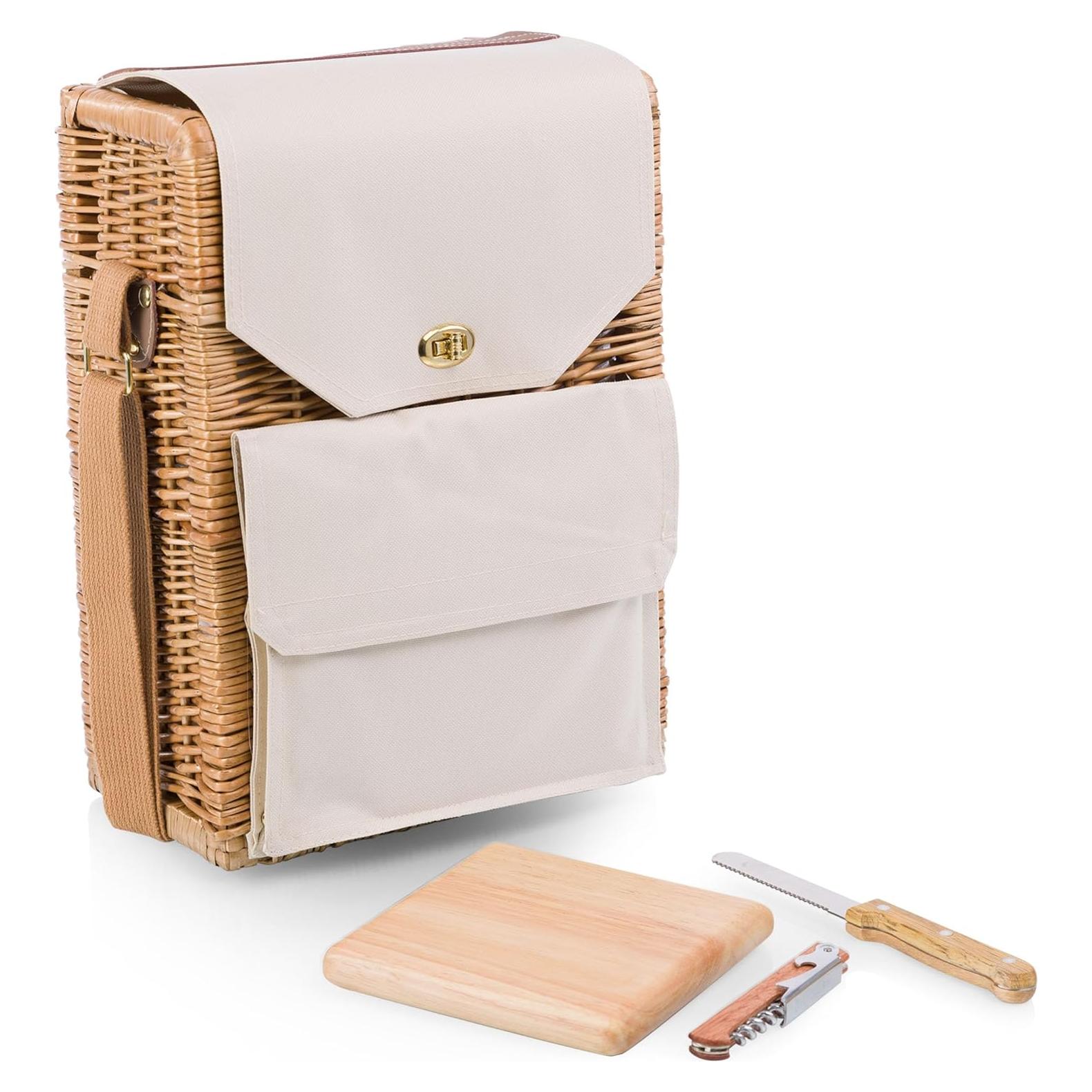 Picnic Time Corsica Wine and Cheese Picnic Basket Tote, Luxury 2 Bottle Insulated Picnic Set with Cutting Board, Cheese Knife & Corkscrew, Romantic Picnic Kit for Couples, Wedding & Anniversary Gift