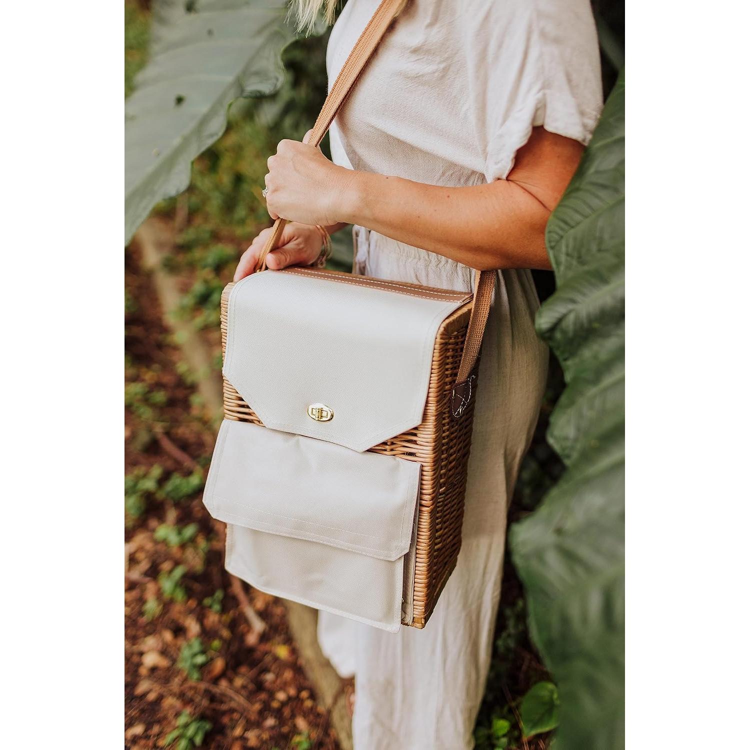 Picnic Time Corsica Wine and Cheese Picnic Basket Tote, Luxury 2 Bottle Insulated Picnic Set with Cutting Board, Cheese Knife & Corkscrew, Romantic Picnic Kit for Couples, Wedding & Anniversary Gift