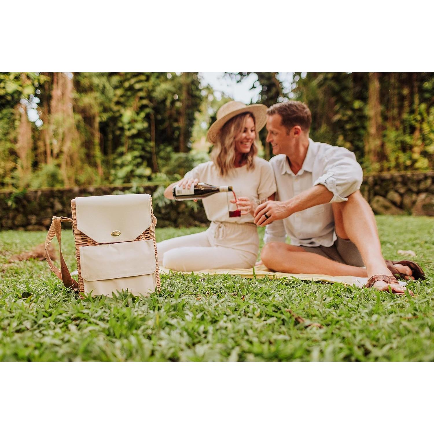Picnic Time Corsica Wine and Cheese Picnic Basket Tote, Luxury 2 Bottle Insulated Picnic Set with Cutting Board, Cheese Knife & Corkscrew, Romantic Picnic Kit for Couples, Wedding & Anniversary Gift
