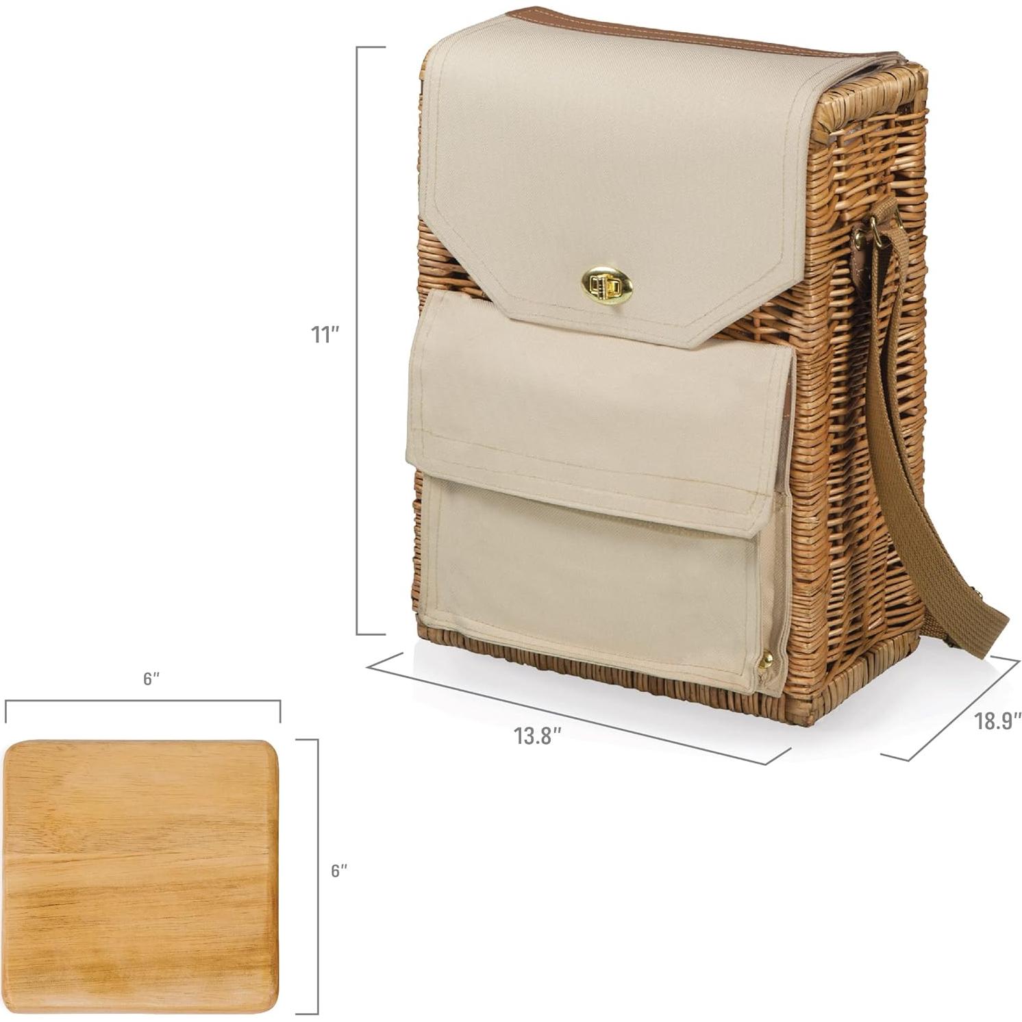 Picnic Time Corsica Wine and Cheese Picnic Basket Tote, Luxury 2 Bottle Insulated Picnic Set with Cutting Board, Cheese Knife & Corkscrew, Romantic Picnic Kit for Couples, Wedding & Anniversary Gift