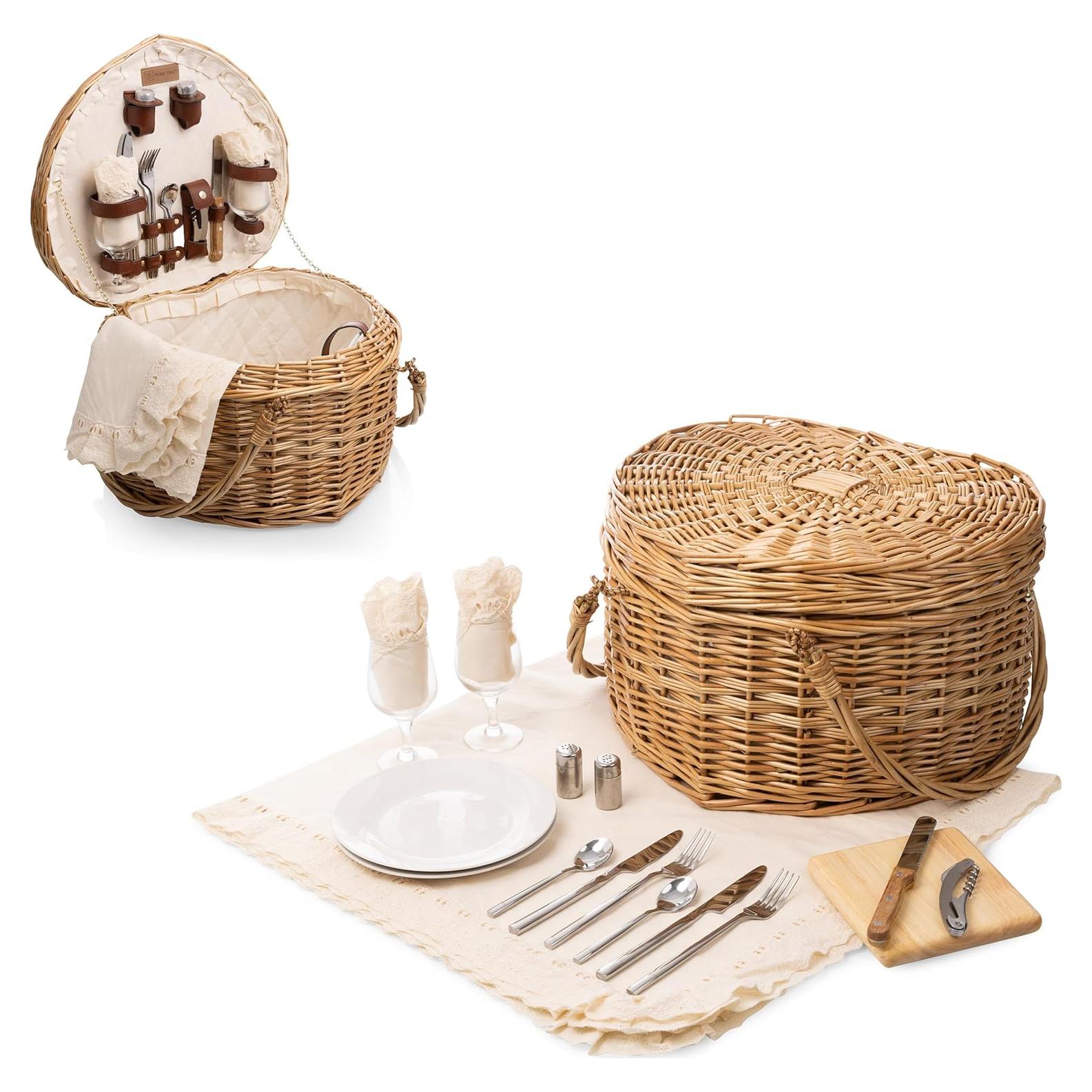 PICNIC TIME Heart Picnic Basket for 2, Wicker Basket with Handle, Complete Deluxe Service for Two, Handwoven and Sturdy Willow Constructed with Fully-lined interior and Accessories, (Antique White)