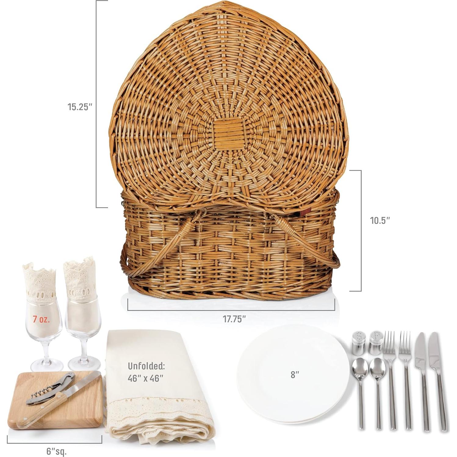 PICNIC TIME Heart Picnic Basket for 2, Wicker Basket with Handle, Complete Deluxe Service for Two, Handwoven and Sturdy Willow Constructed with Fully-lined interior and Accessories, (Antique White)