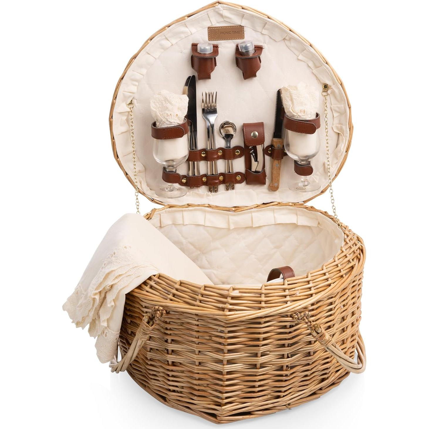 PICNIC TIME Heart Picnic Basket for 2, Wicker Basket with Handle, Complete Deluxe Service for Two, Handwoven and Sturdy Willow Constructed with Fully-lined interior and Accessories, (Antique White)