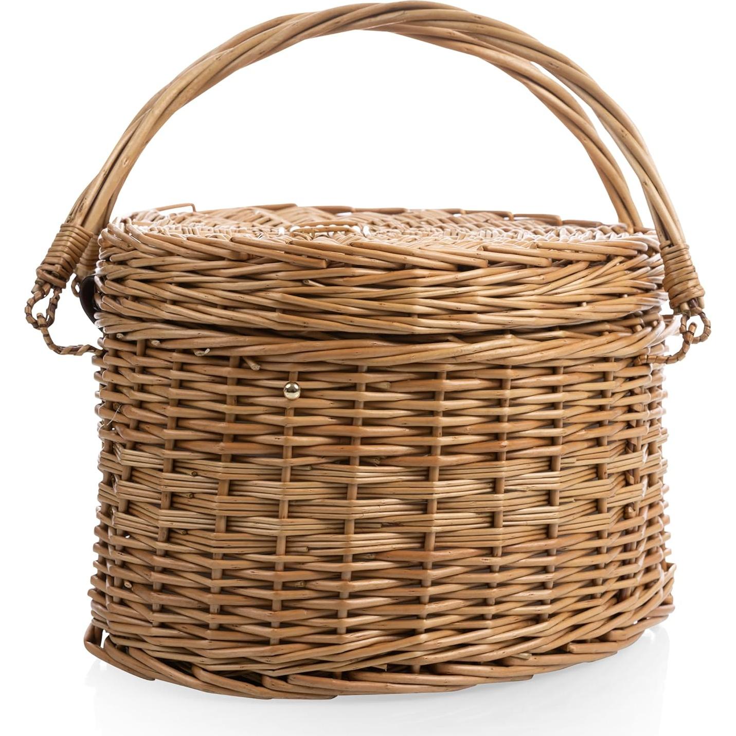 PICNIC TIME Heart Picnic Basket for 2, Wicker Basket with Handle, Complete Deluxe Service for Two, Handwoven and Sturdy Willow Constructed with Fully-lined interior and Accessories, (Antique White)